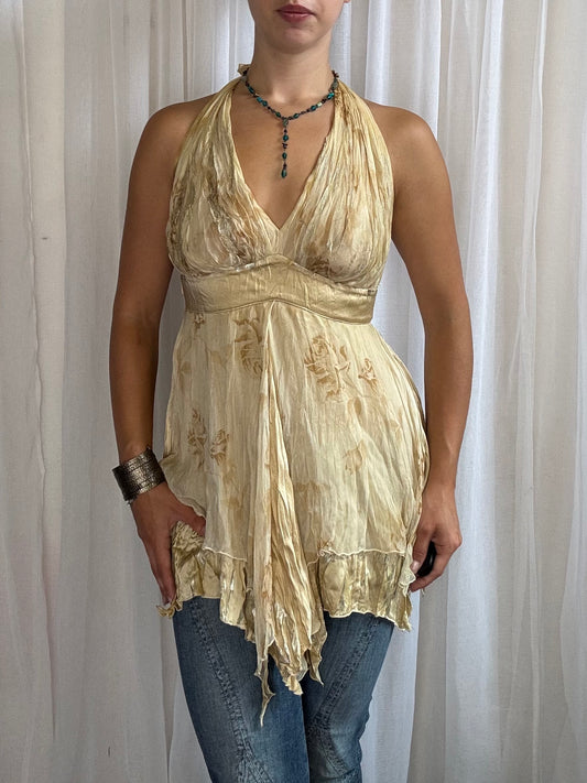 silk fairy cami asymmetric hem cream gold floral halter size 10