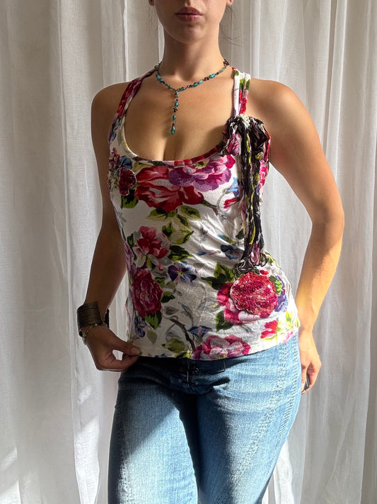 Derhy cami top white pink floral sequin detailing size S