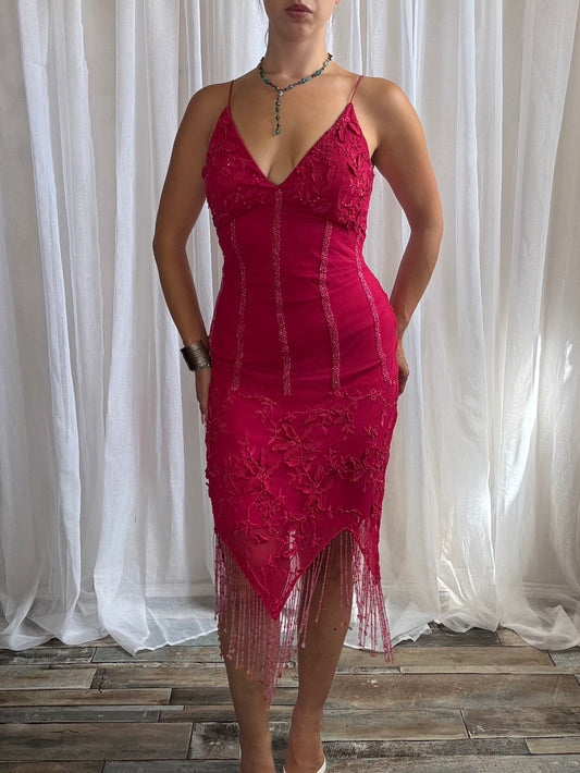Yve London silk beaded midi dress pink size S