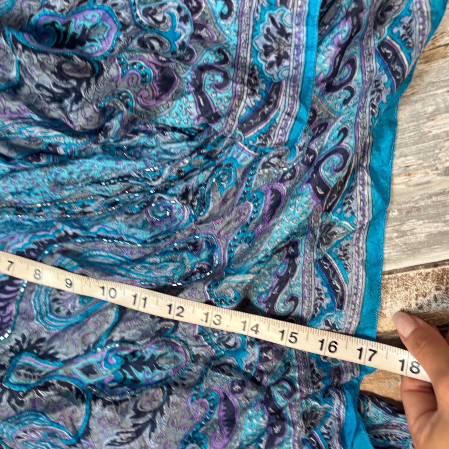 silk midi skirt hanky hem beaded tie side blue paisley size 10