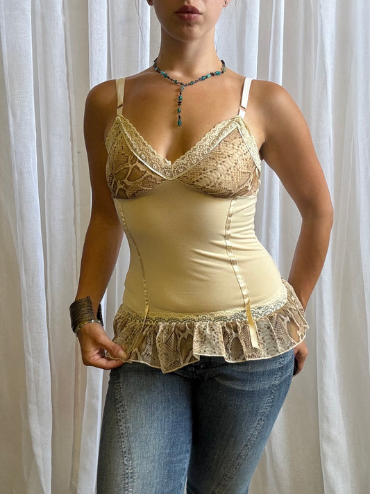 Italian cami top cream snake print frill hem
