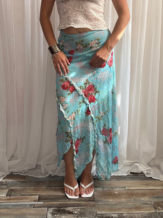 midi skirt blue asymmetrical hem floral ruffle size S