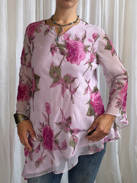 floaty long sleeve beaded top pink asymmetric hem size 12