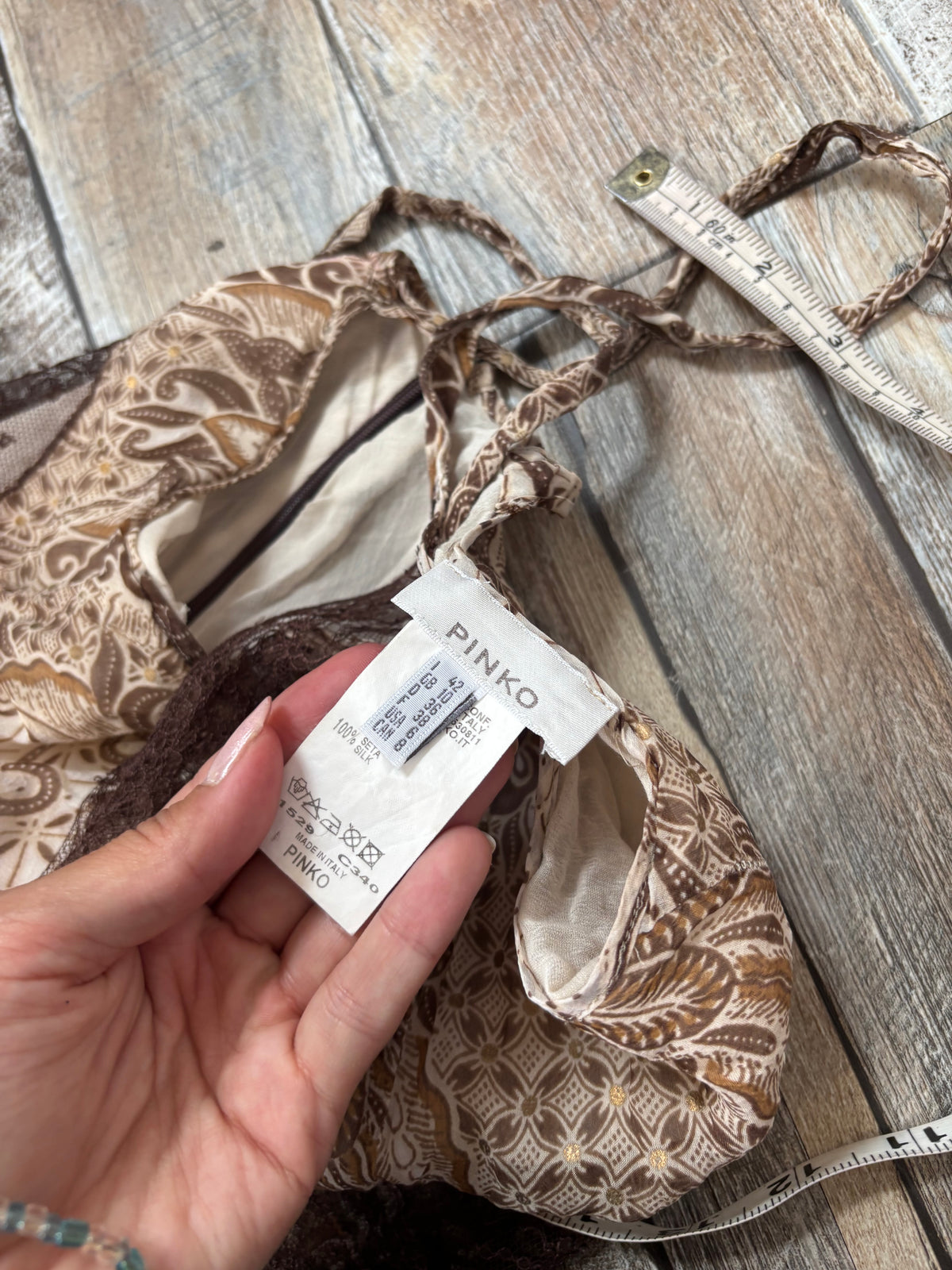Pinko midi dress cream brown floral lace detailing size 10