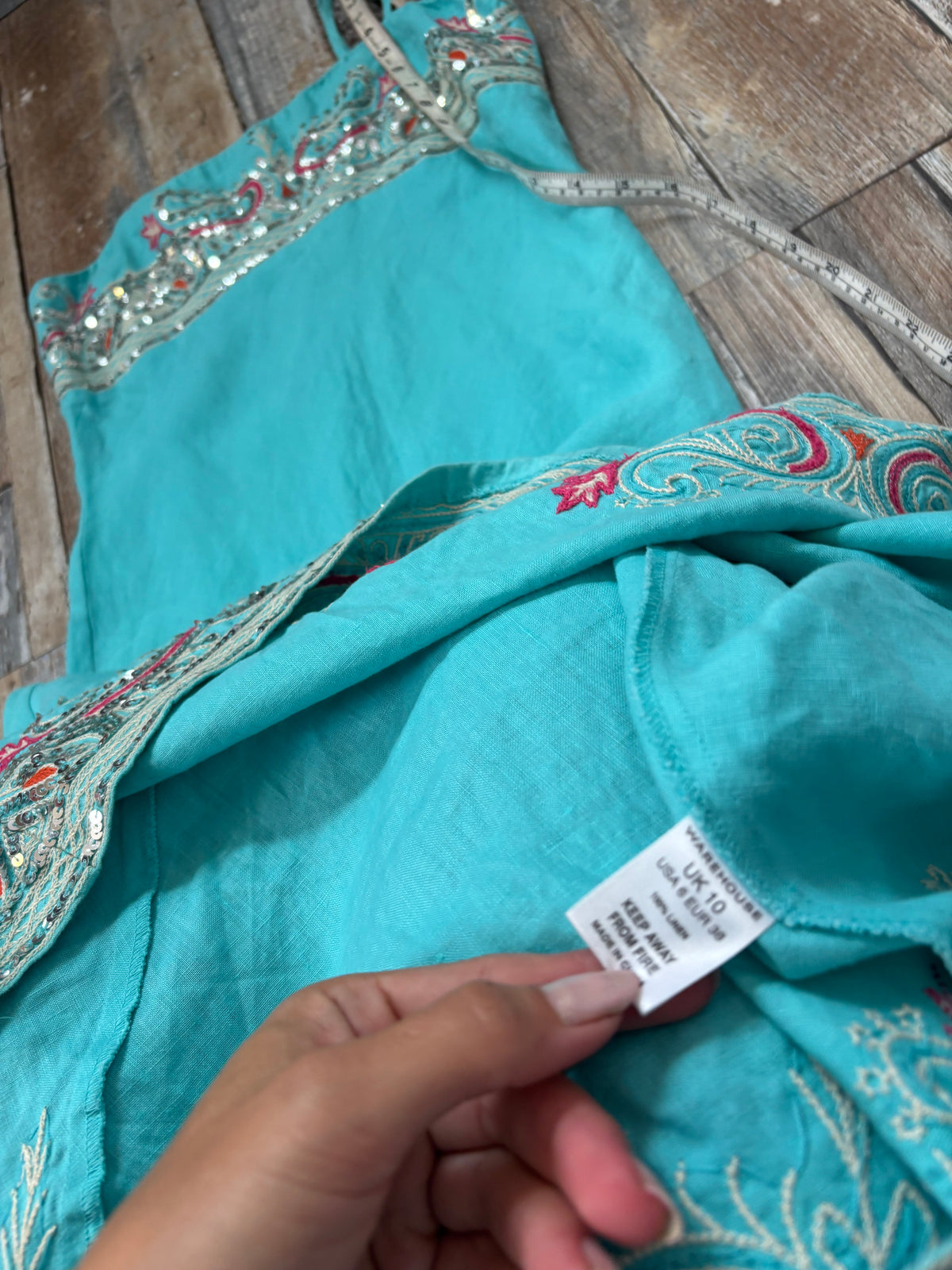 linen midi dress turquoise blue beaded size 10