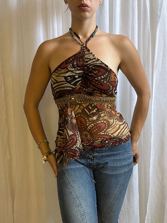 Italian halter top brown mesh floral size XS