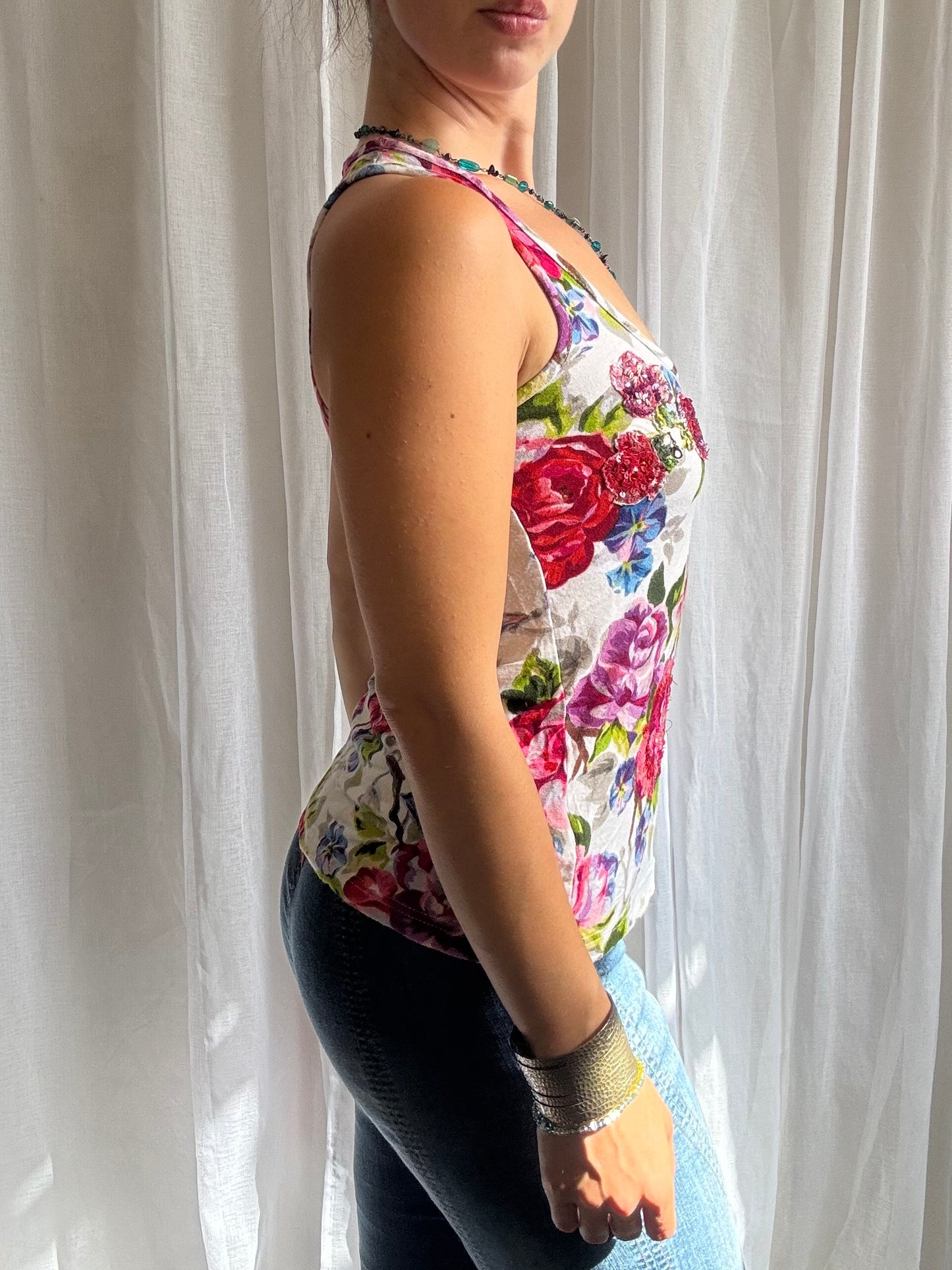 Derhy cami top white pink floral sequin detailing size S
