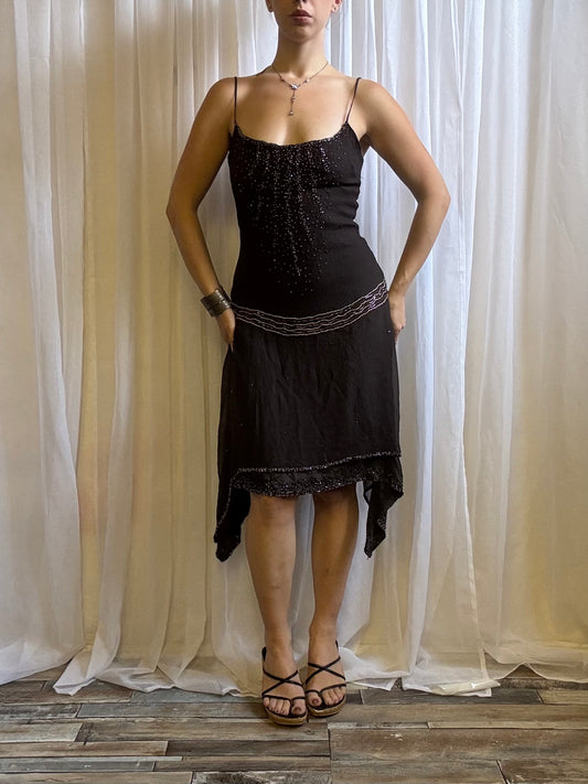 Morgan de Toi silk midi dress brown beaded size 10
