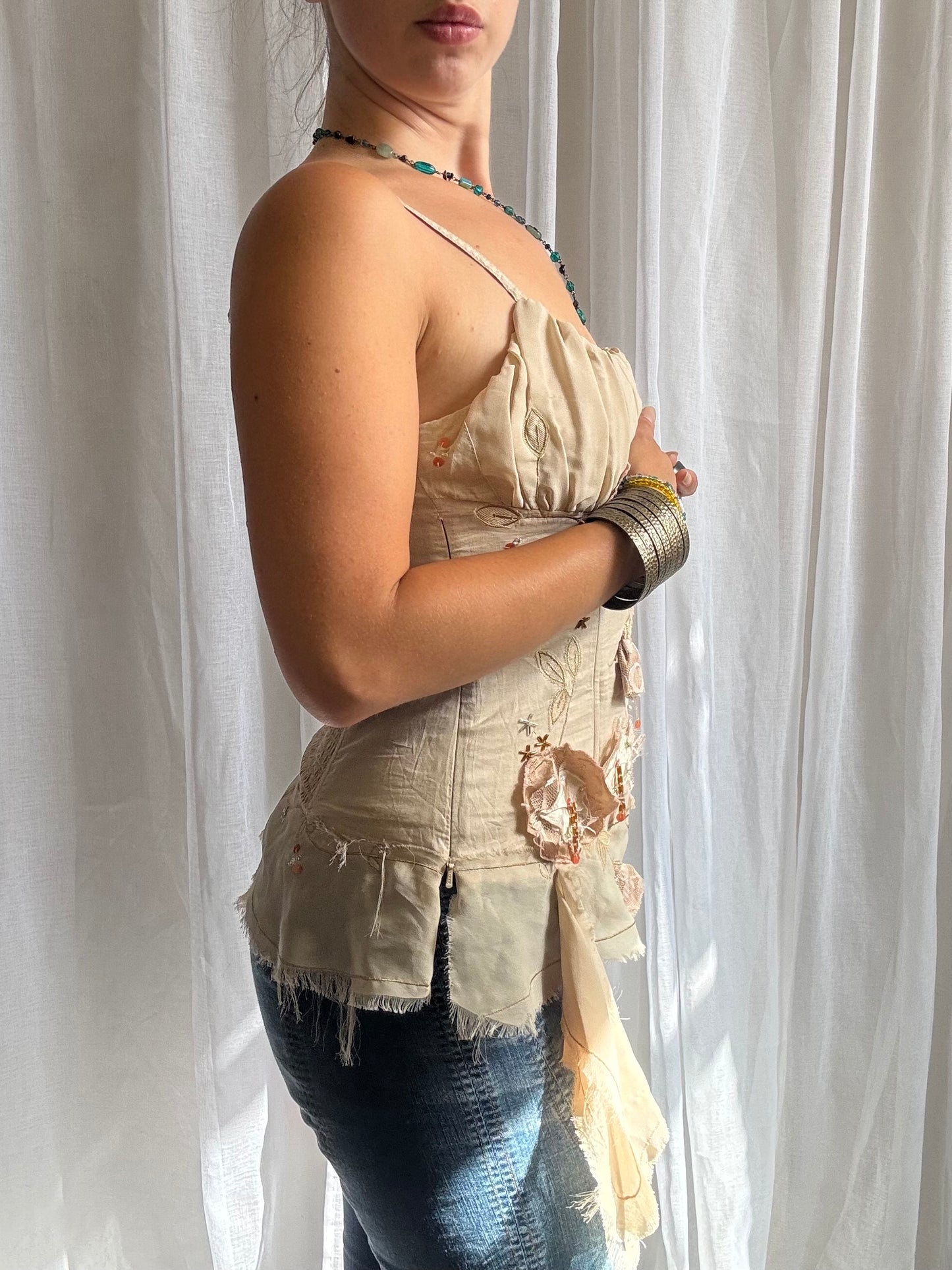 cream corset cami top floral appliqué ruched bust size 10 - 12