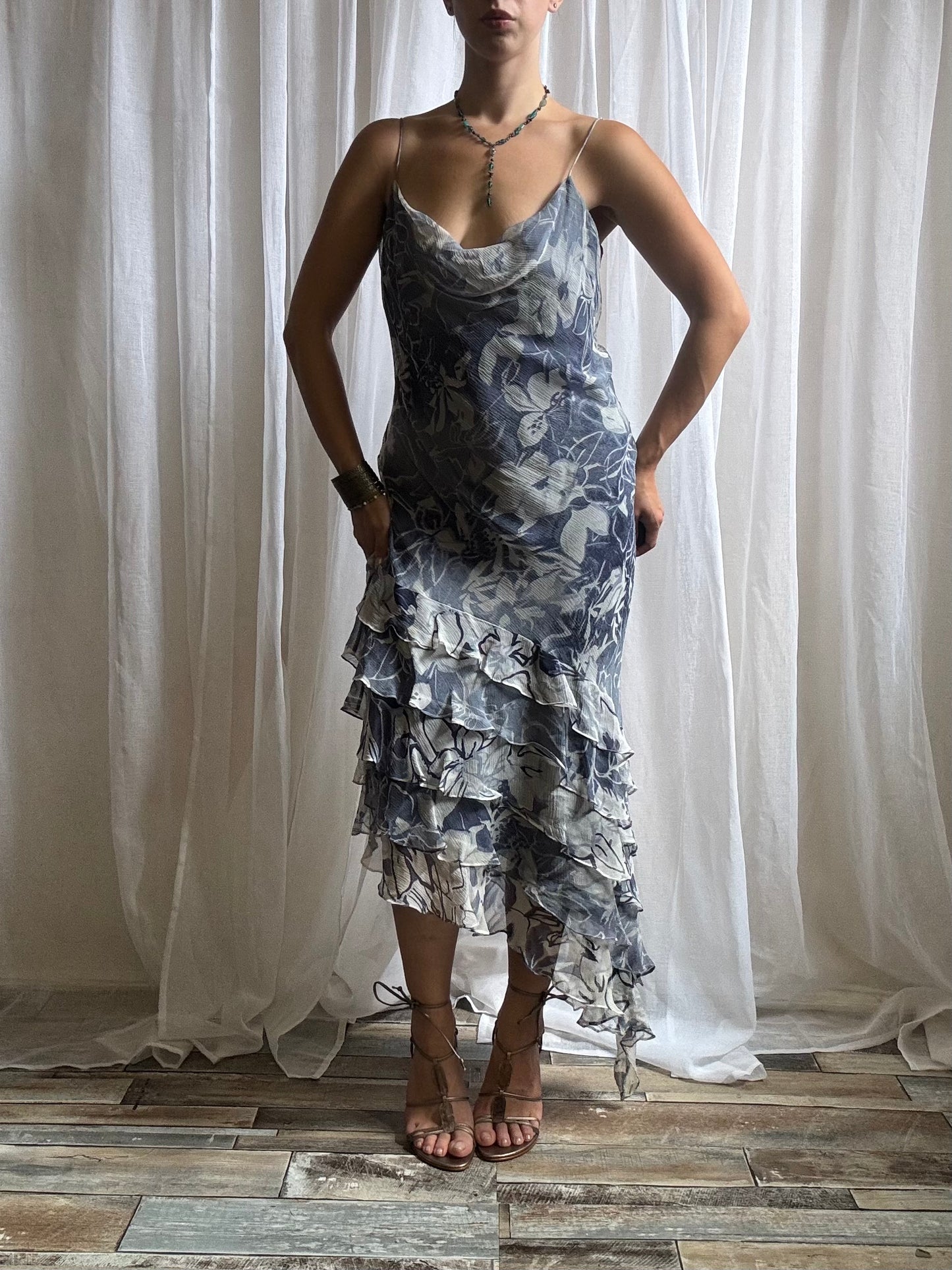 silk midi dress blue white floral cowl neckline asymmetric hem size 12