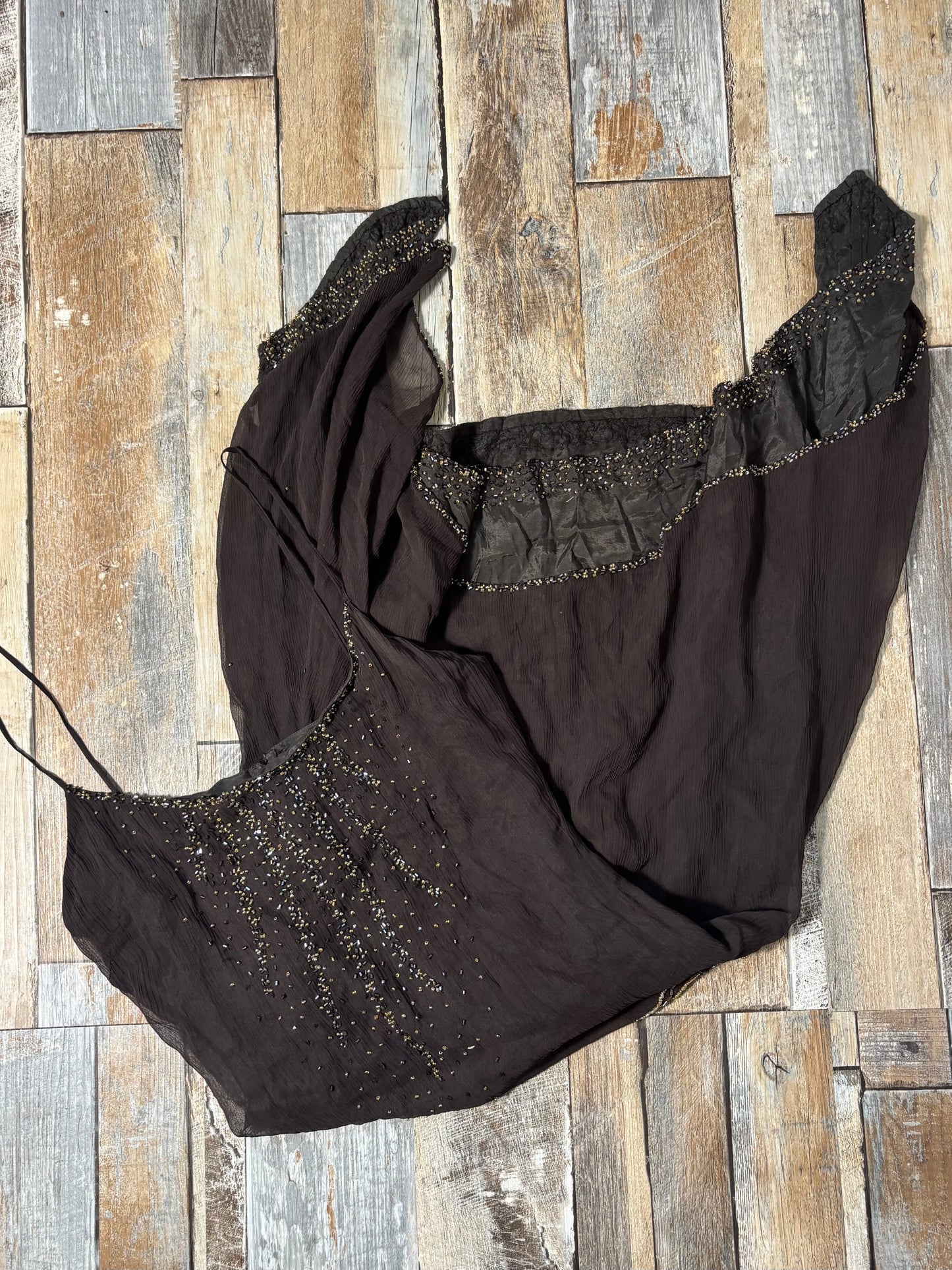 Morgan de Toi silk midi dress brown beaded size 10