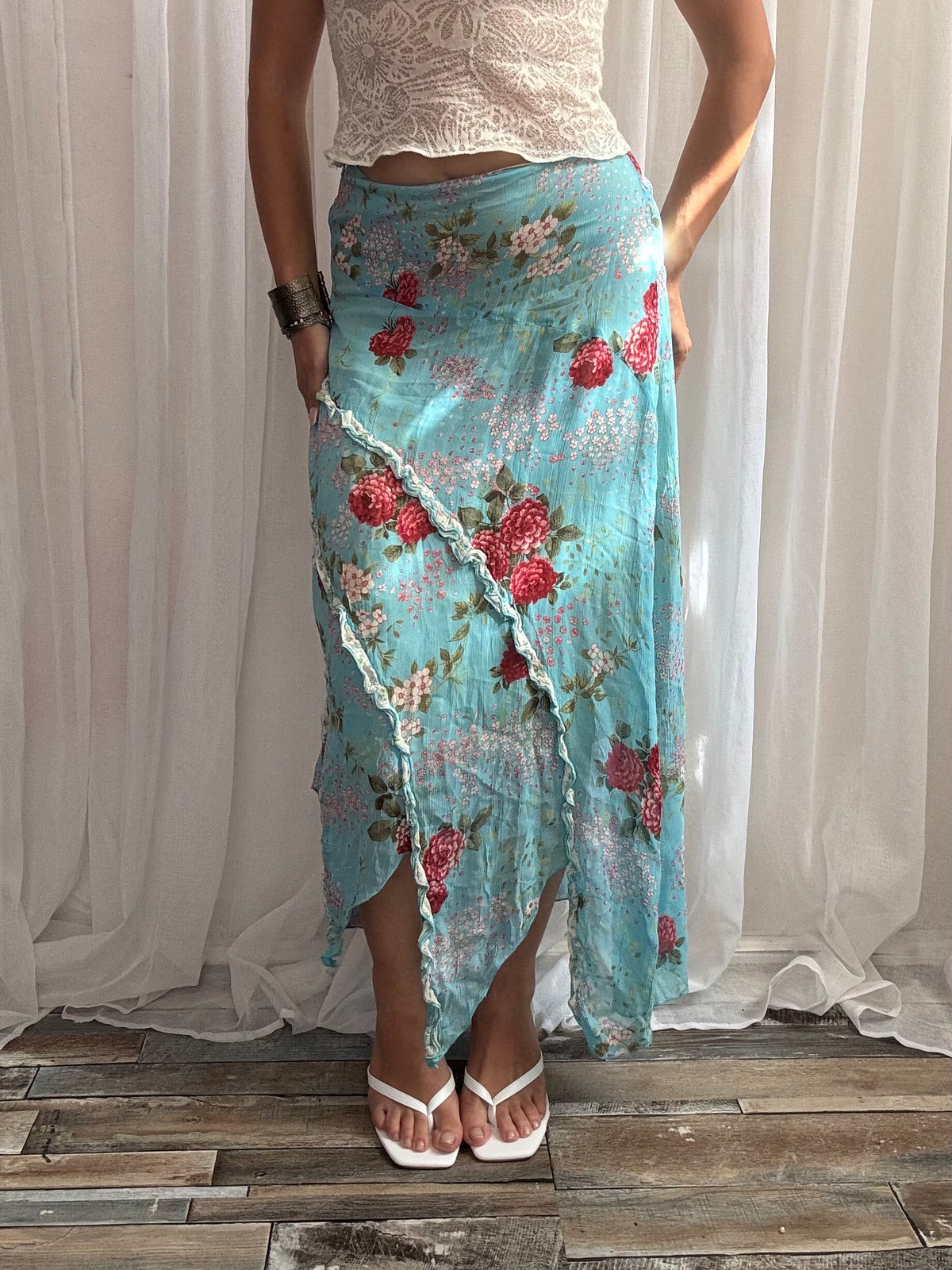 midi skirt blue asymmetrical hem floral ruffle size S