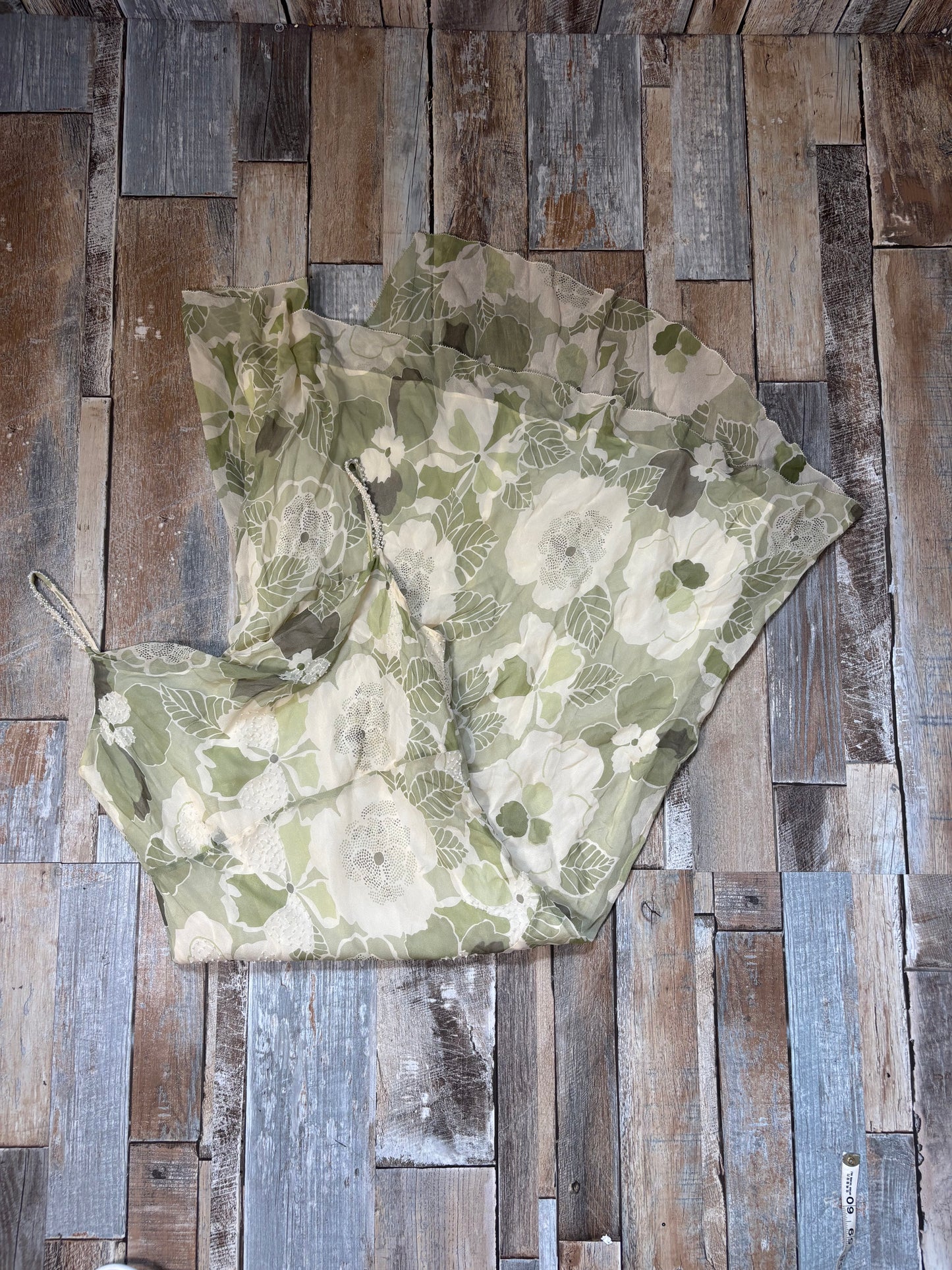 silk midi dress sage green cream floral cowl neckline beaded size 12