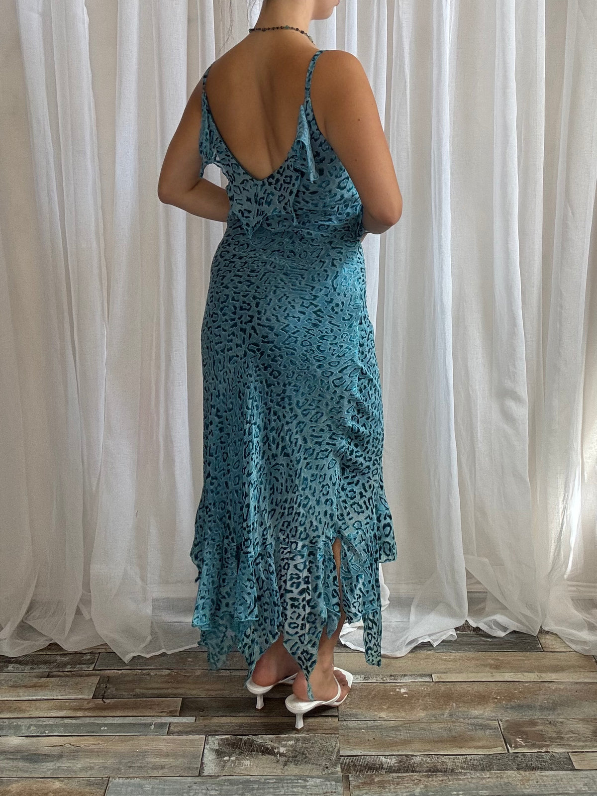 Jeff Gallano silk midi dress blue asymmetric hem ruffle animal print size 12