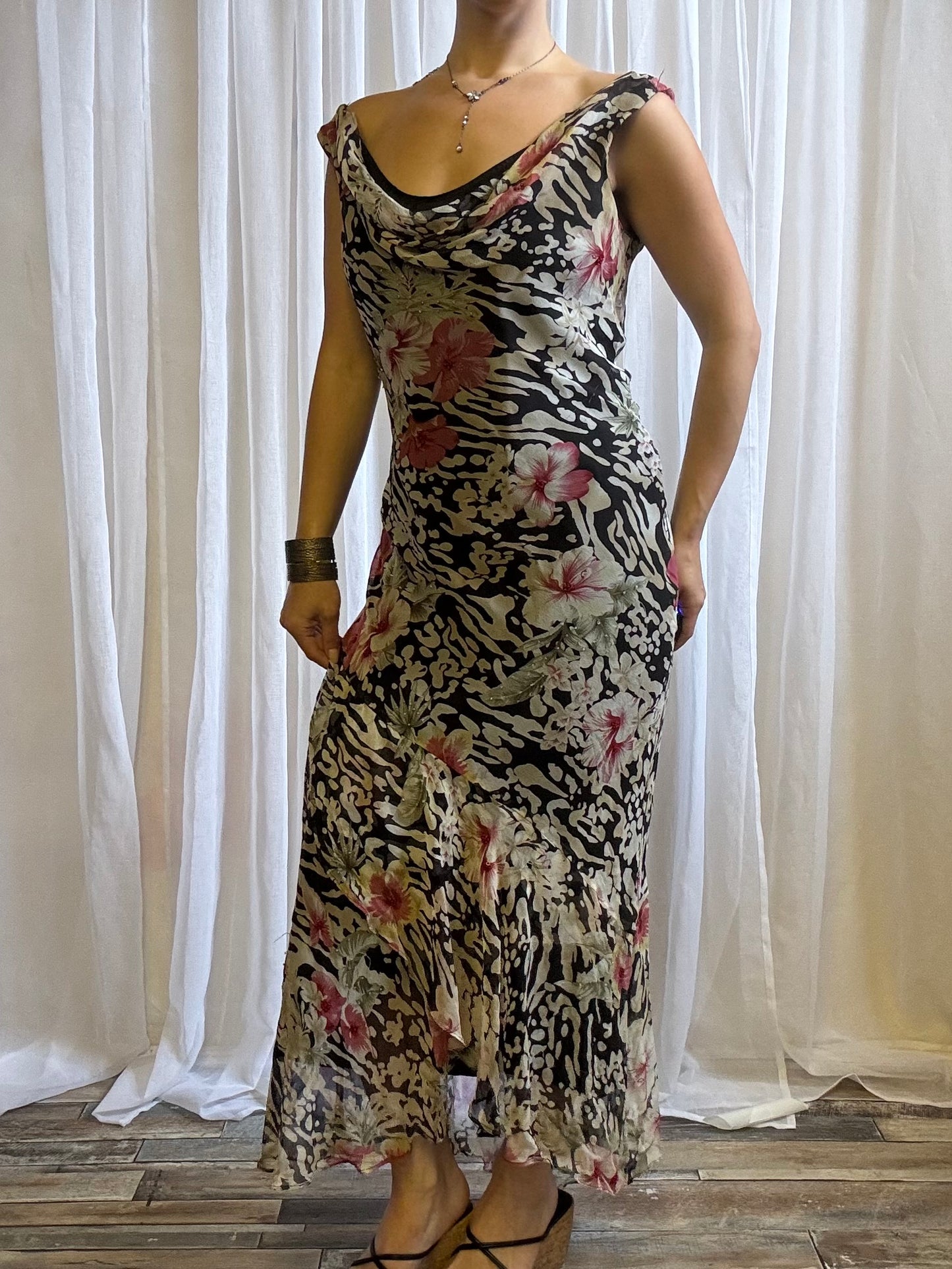 Ice silk cowl neck dress midi black floral