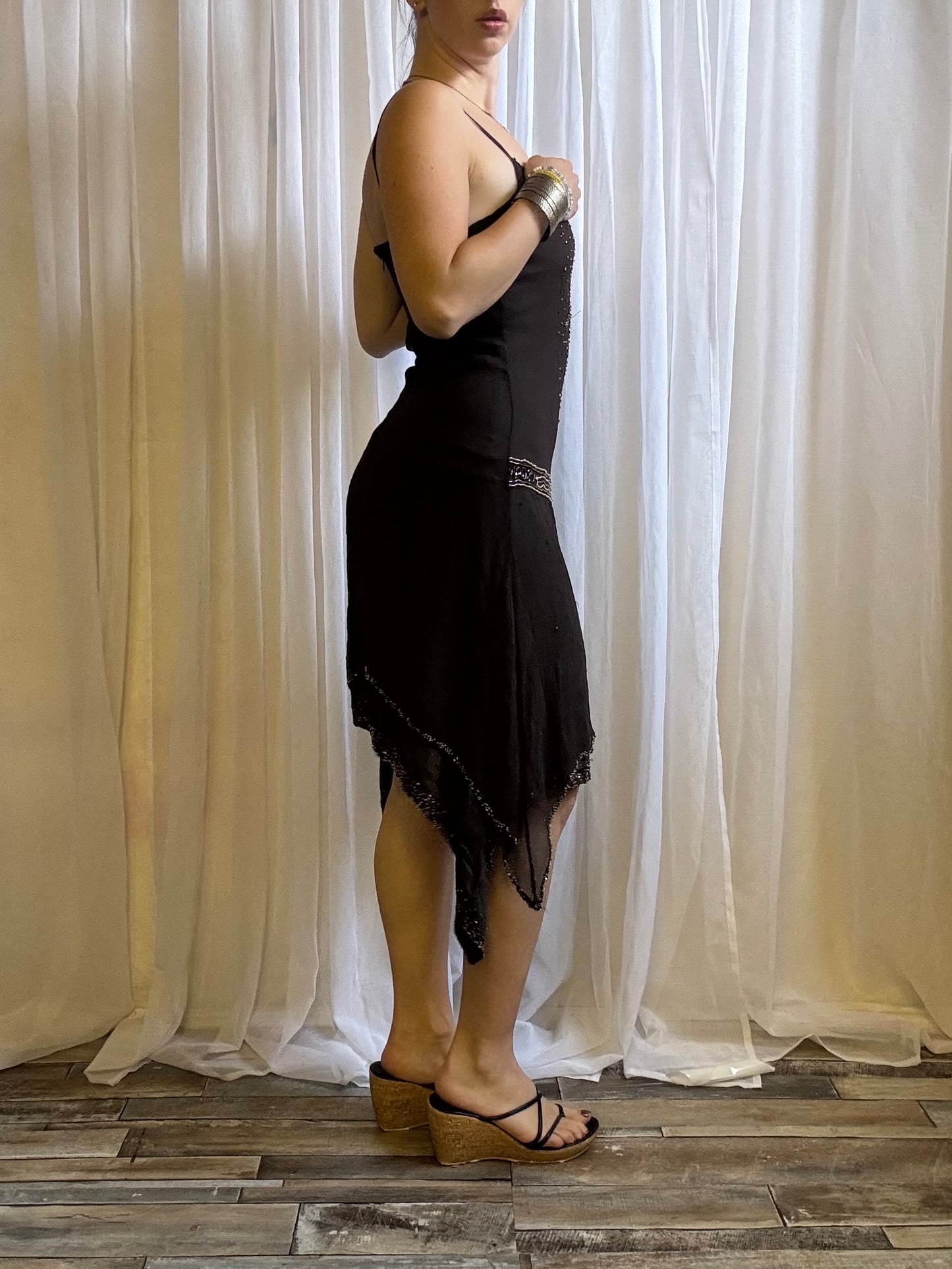 Morgan de Toi silk midi dress brown beaded size 10