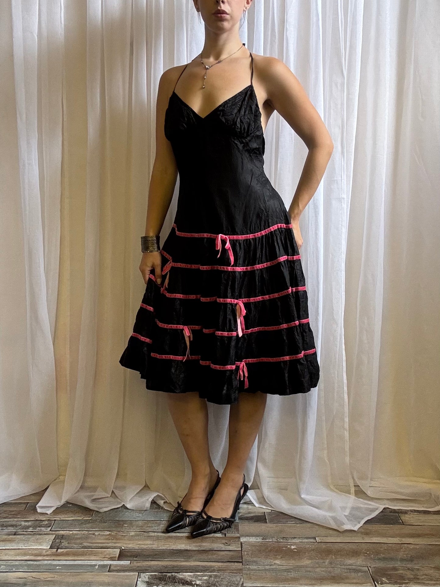 Betsey Johnson midi dress black pink bow size 12 - 14