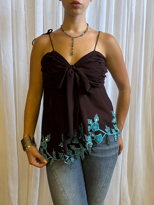 Lipsy cami top brown blue asymmetric hem beaded M / L
