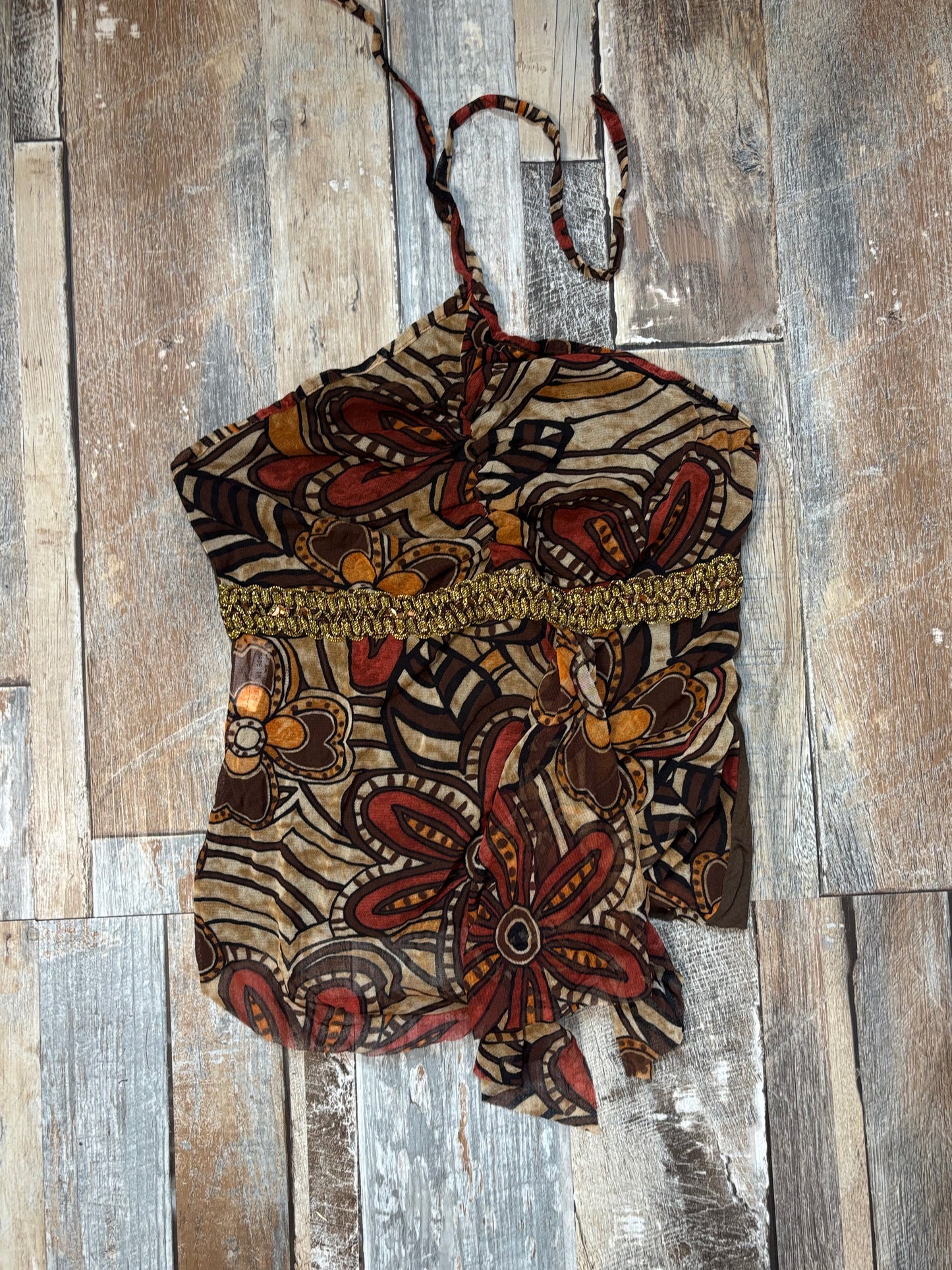 Italian halter top brown mesh floral size XS