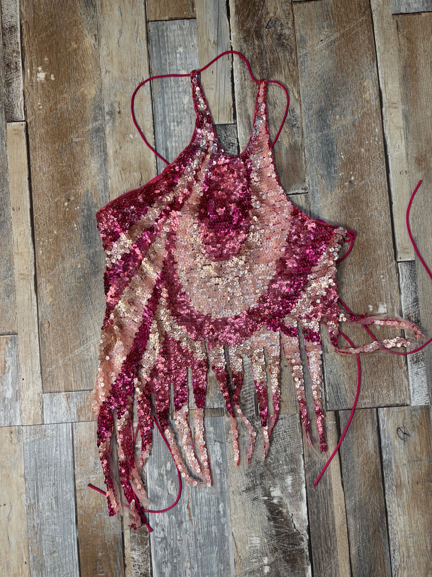 pink sequin covered cami backless asymmetric hem 12-14