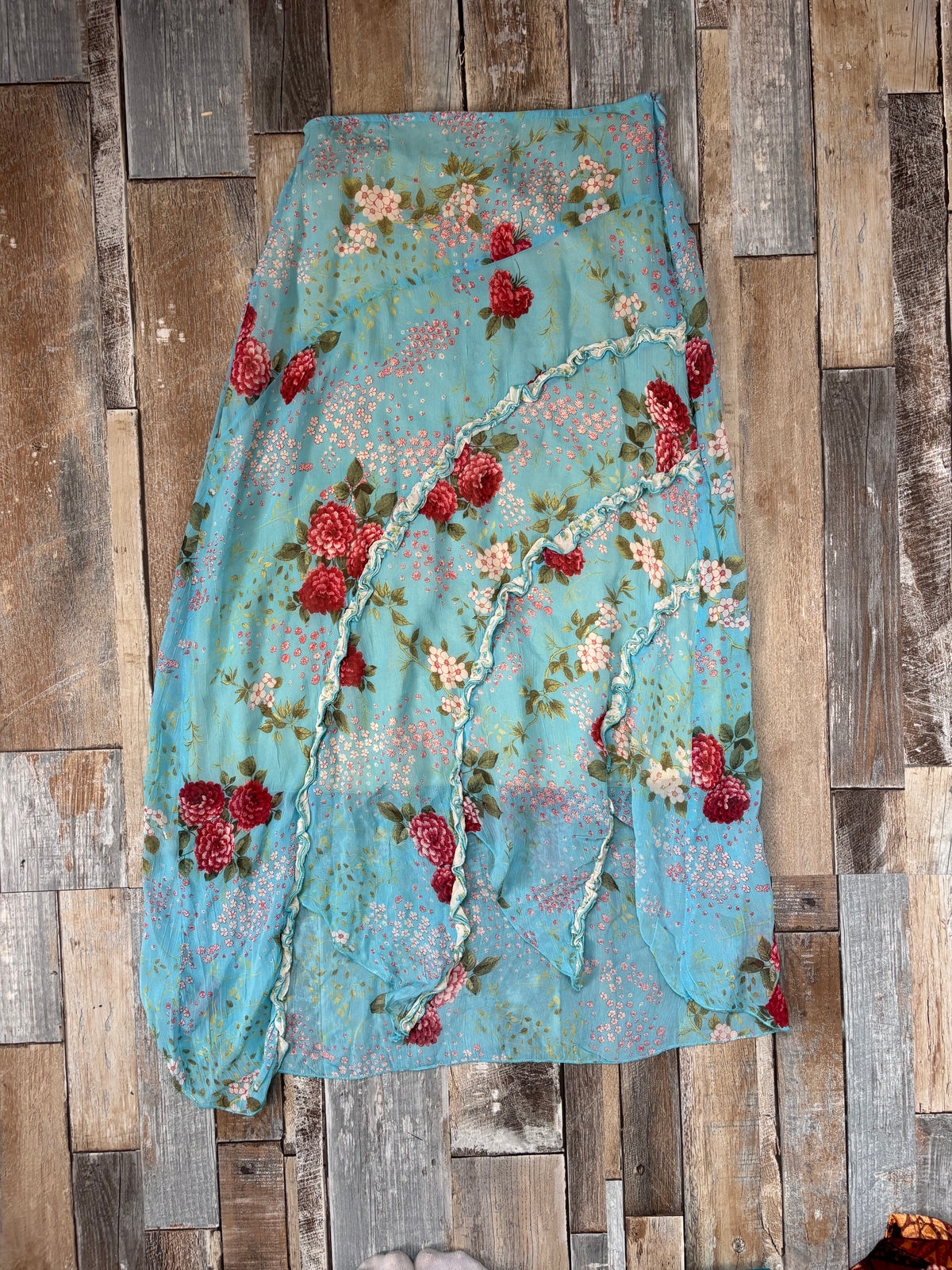 midi skirt blue asymmetrical hem floral ruffle size S