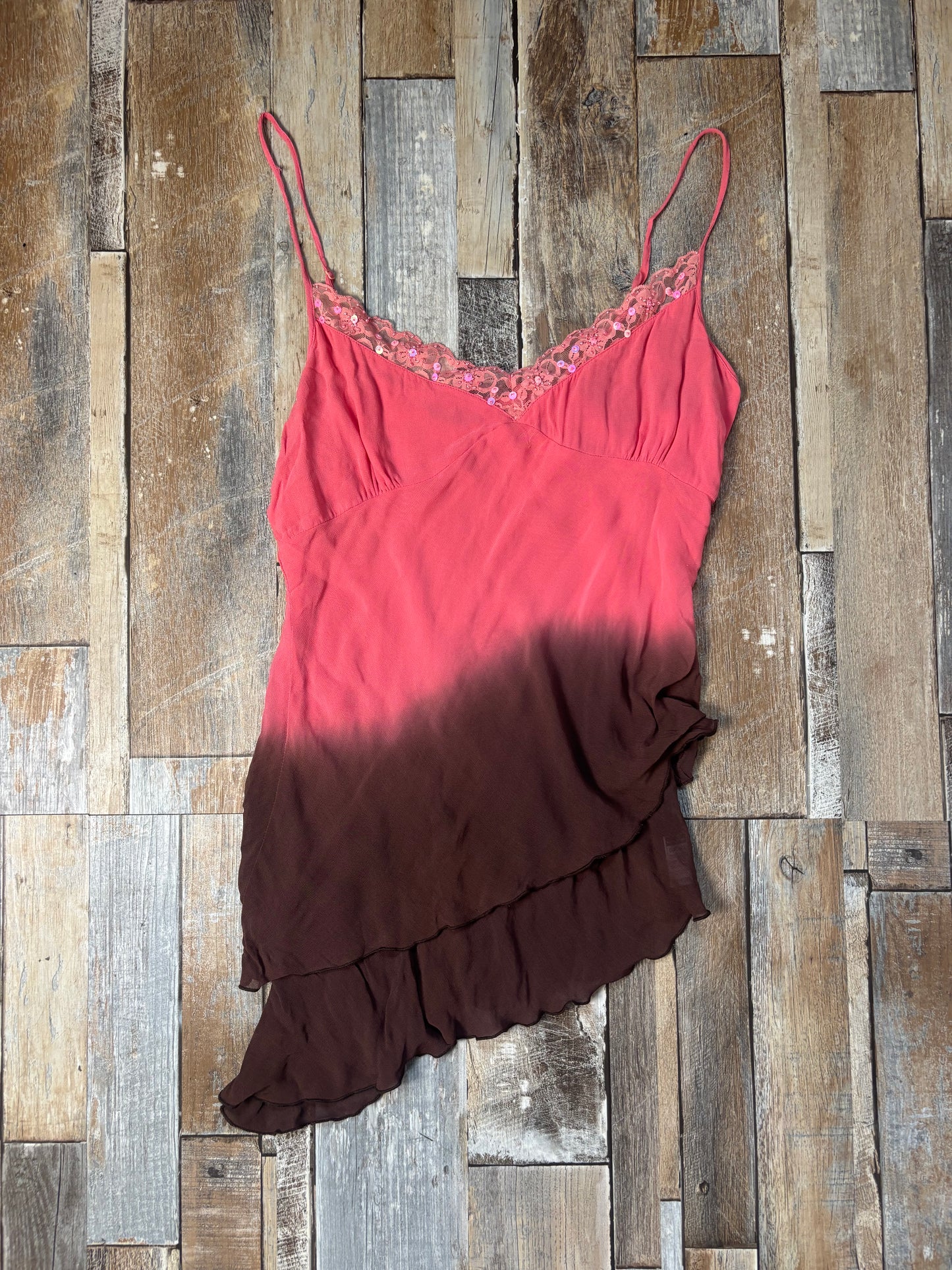 asymmetric hem cami pink brown layered sequin neckline size 14