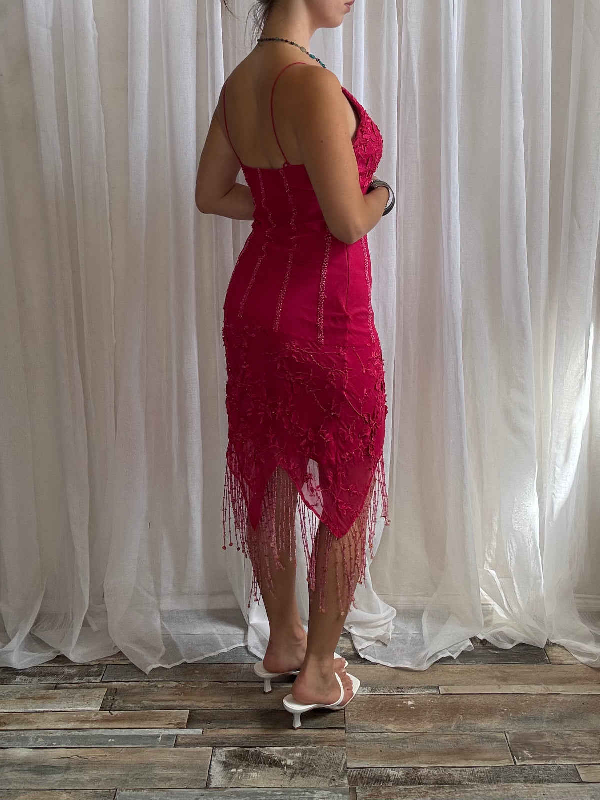 Yve London silk beaded midi dress pink size S