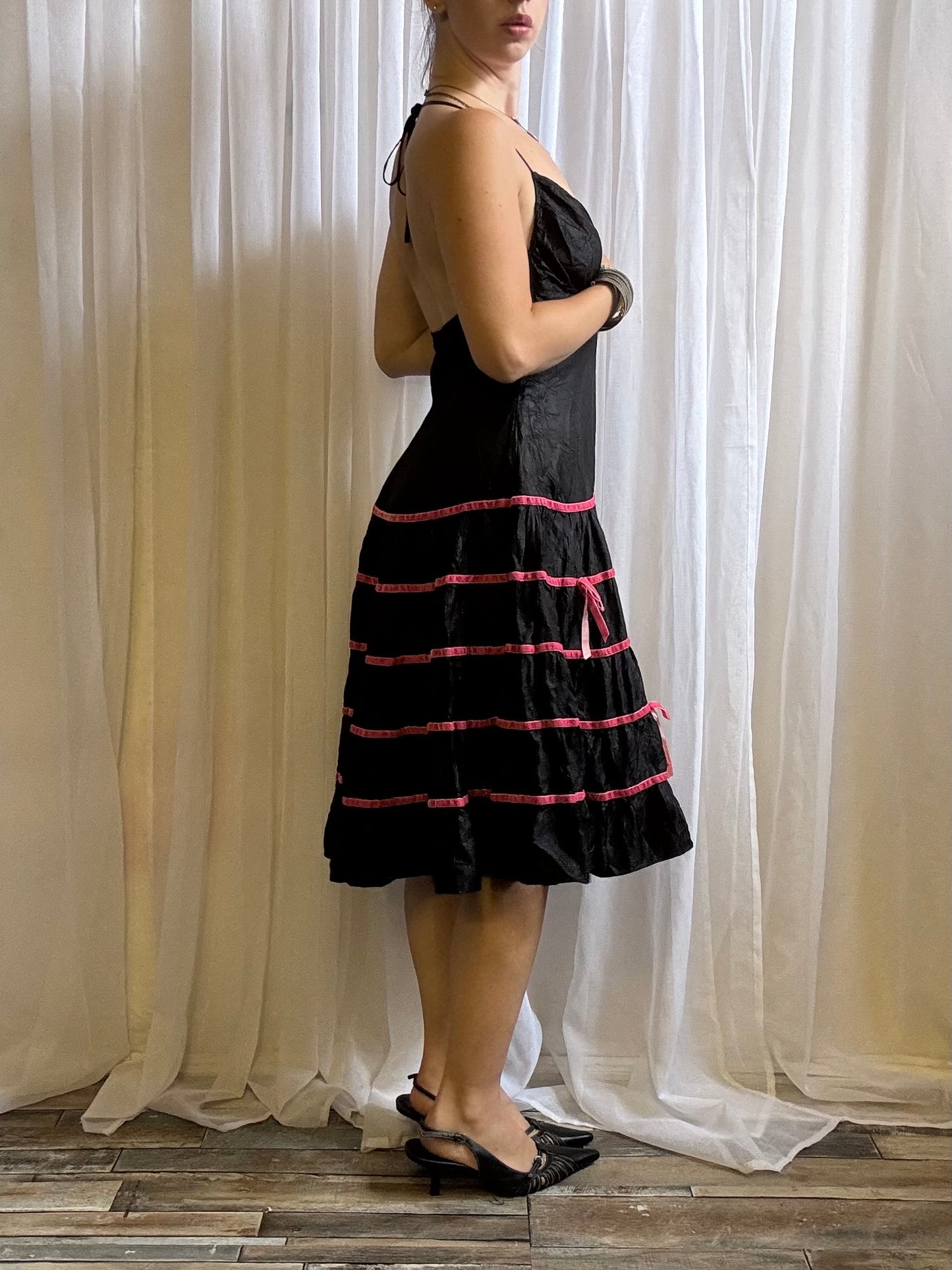 Betsey Johnson midi dress black pink bow size 12 - 14