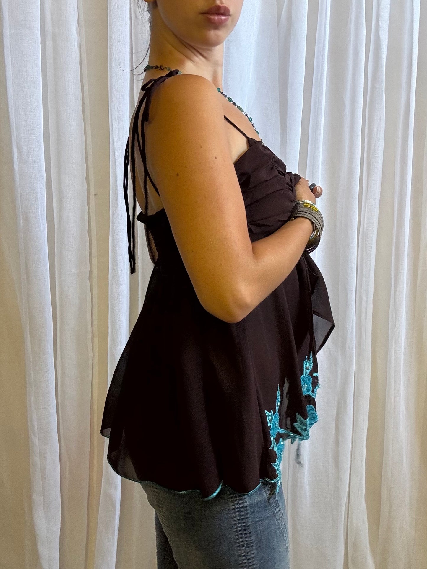 Lipsy cami top brown blue asymmetric hem beaded M / L