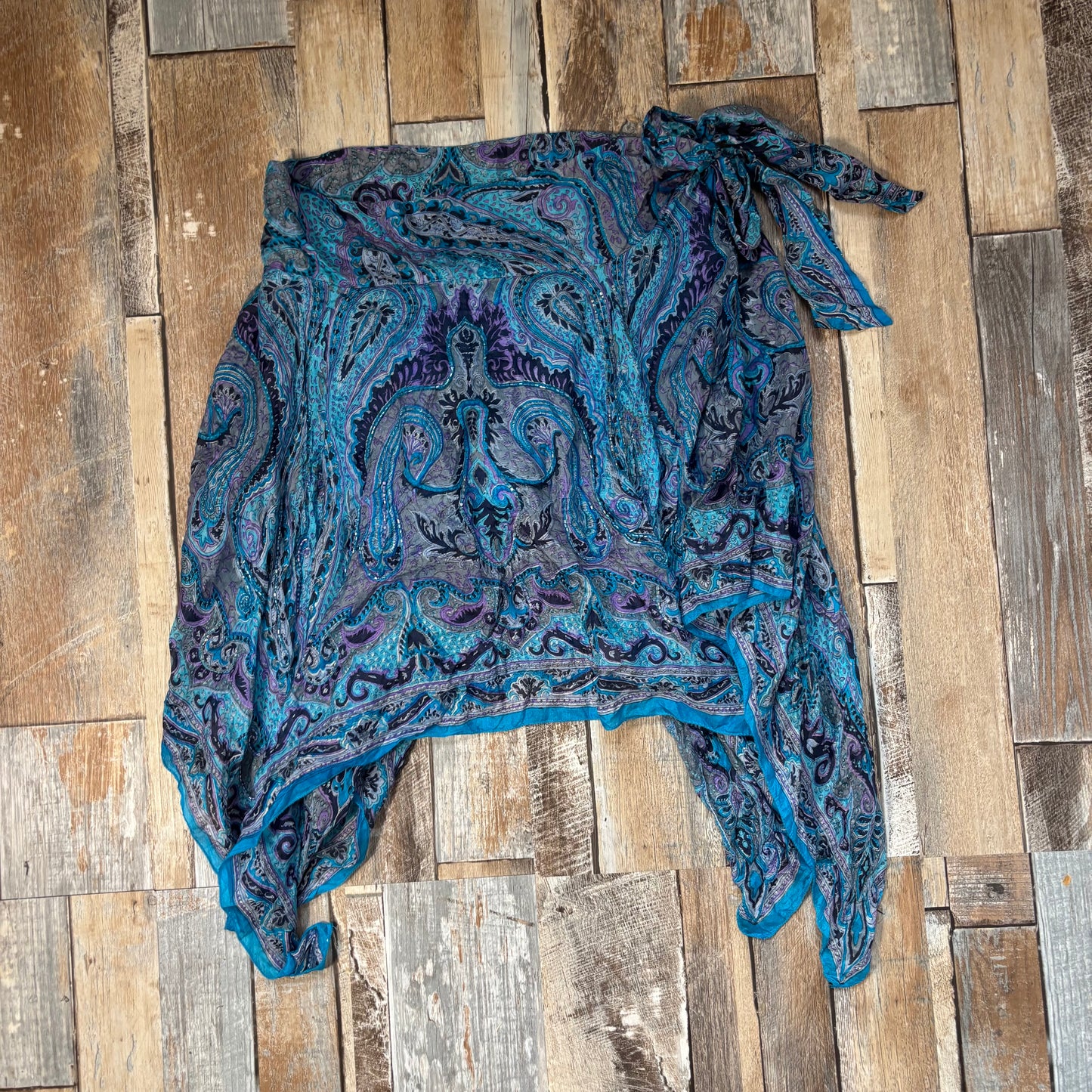 silk midi skirt hanky hem beaded tie side blue paisley size 10