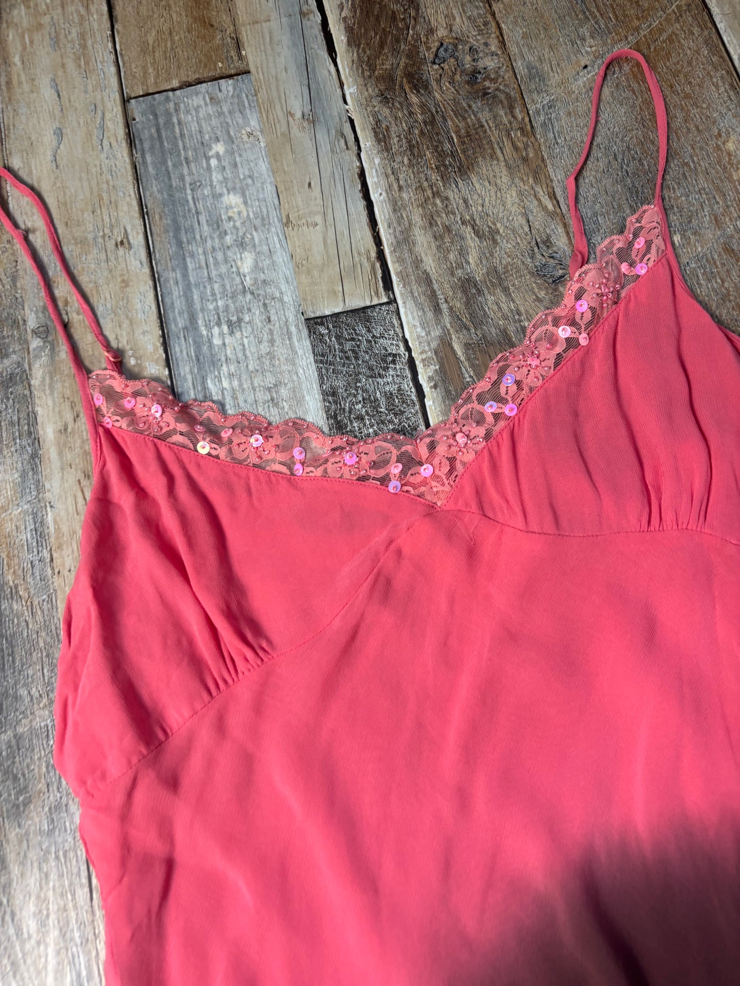 asymmetric hem cami pink brown layered sequin neckline size 14