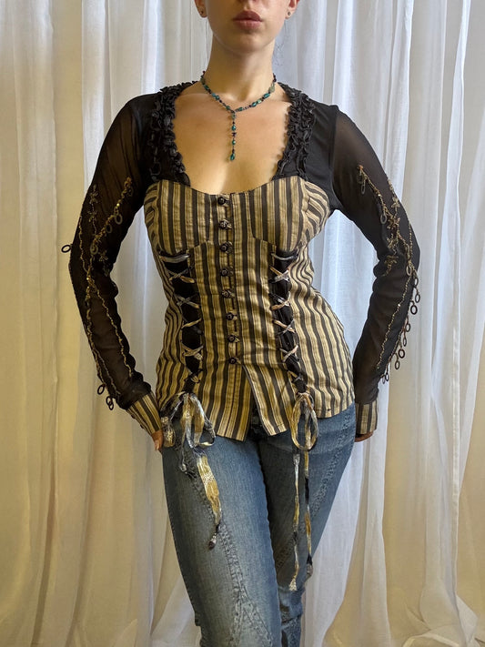 Save the Queen long sleeve shirt corset cream black size XL