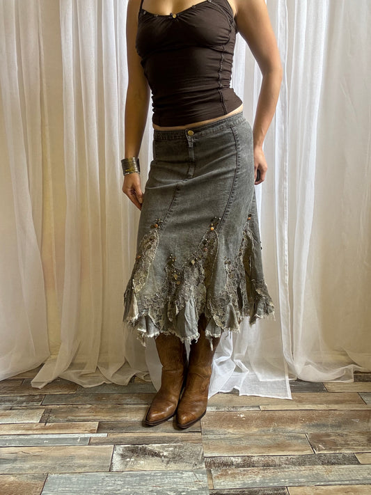 denim midi skirt fairy hem light wash lace size S