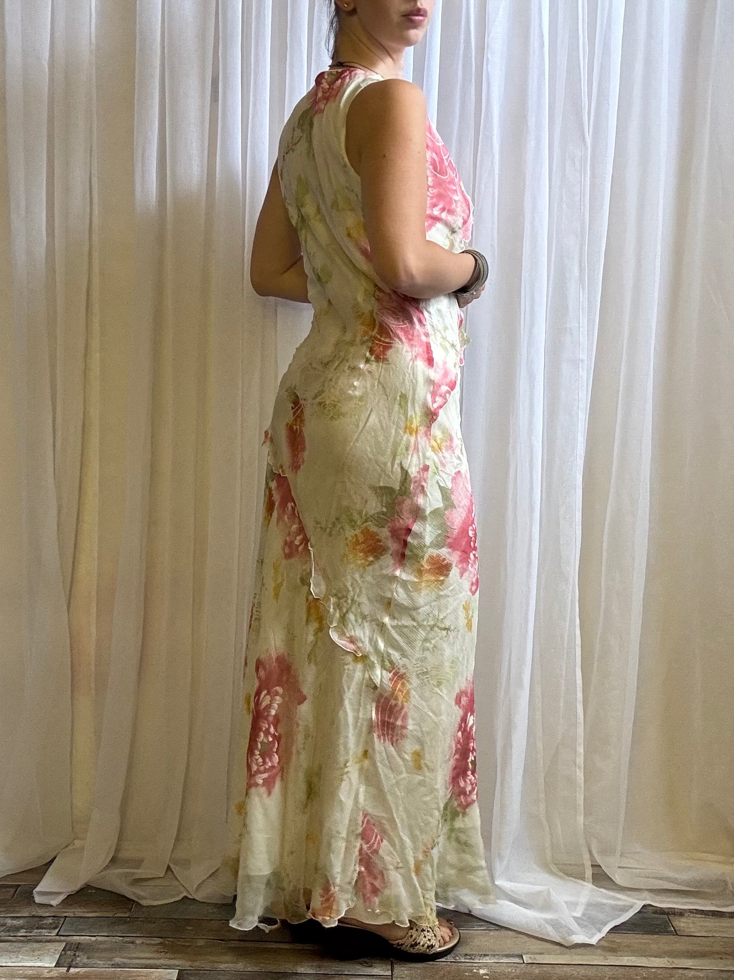 silk maxi dress cream pink floral size 12