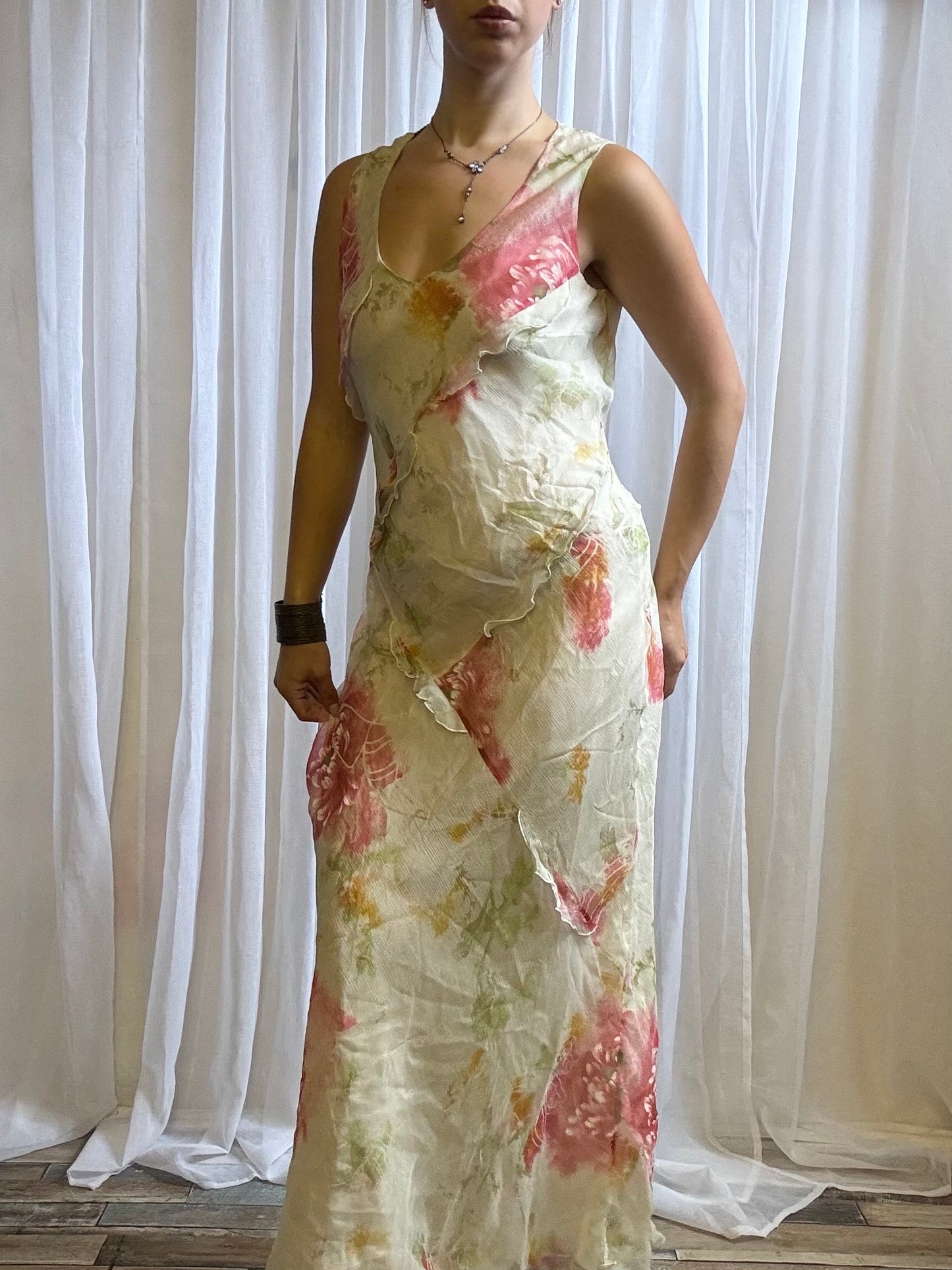 silk maxi dress cream pink floral size 12