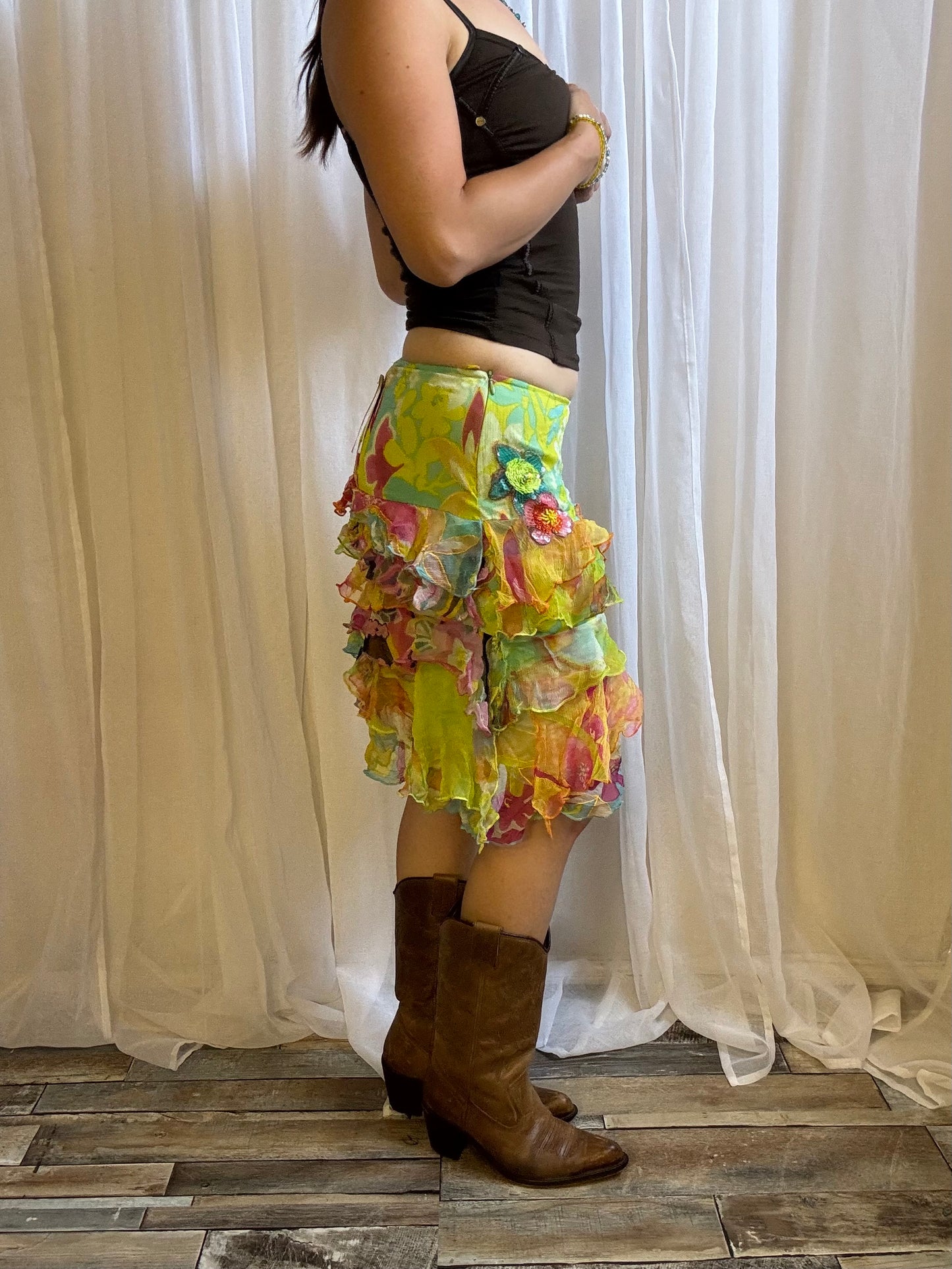 NEW Derhy midi skirt green floral tiered size S