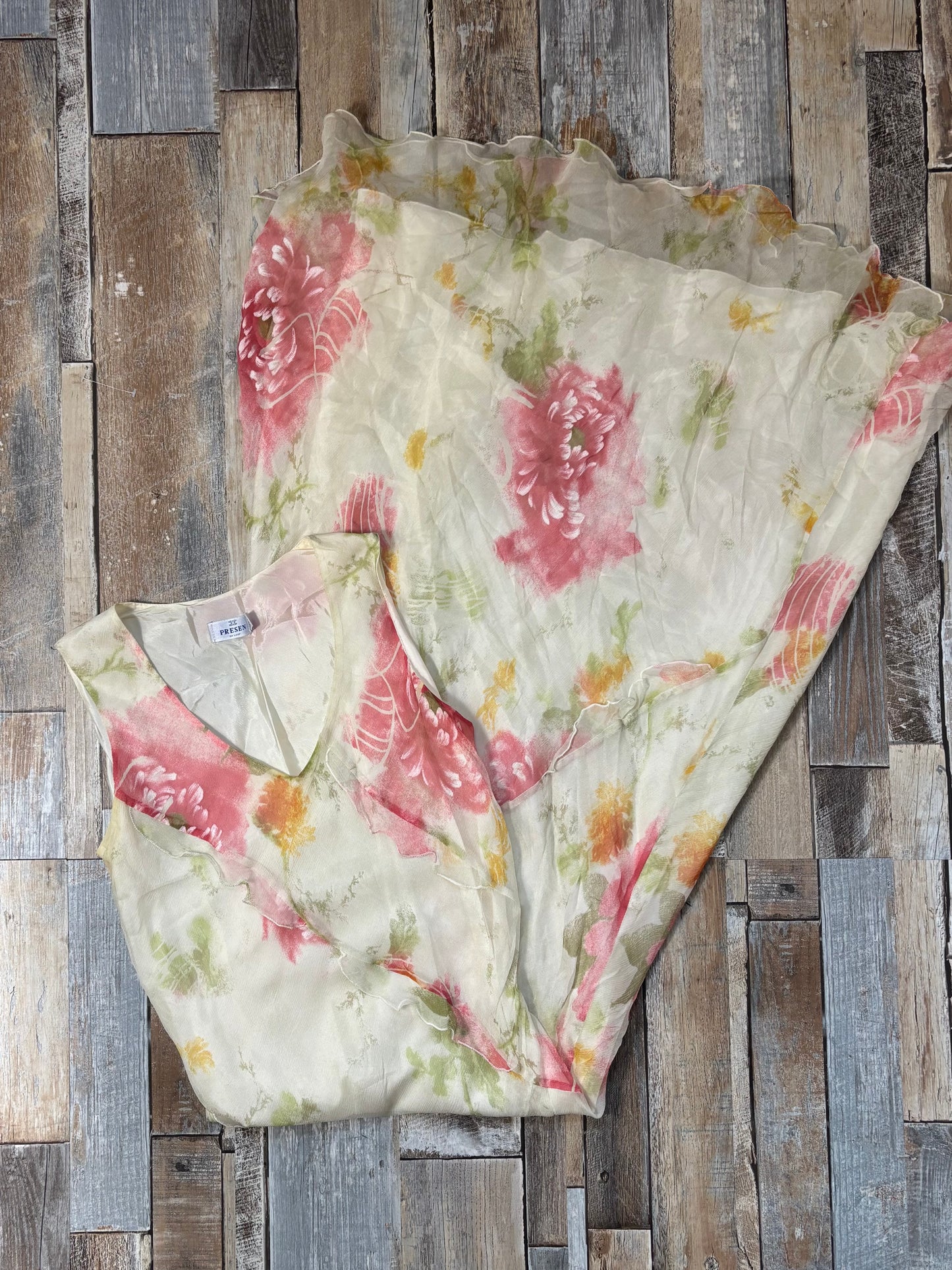 silk maxi dress cream pink floral size 12