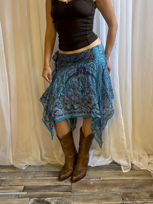 silk midi skirt hanky hem beaded tie side blue paisley size 10