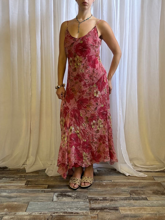 silk dress red pink floral fairy hem size 12 - 14