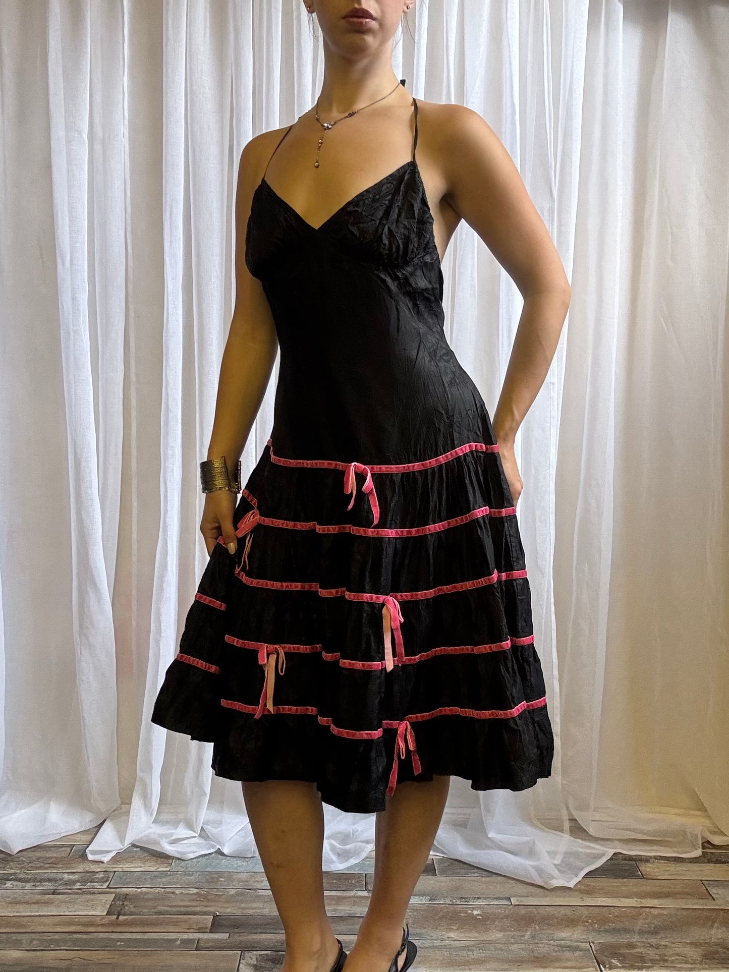 Betsey Johnson midi dress black pink bow size 12 - 14