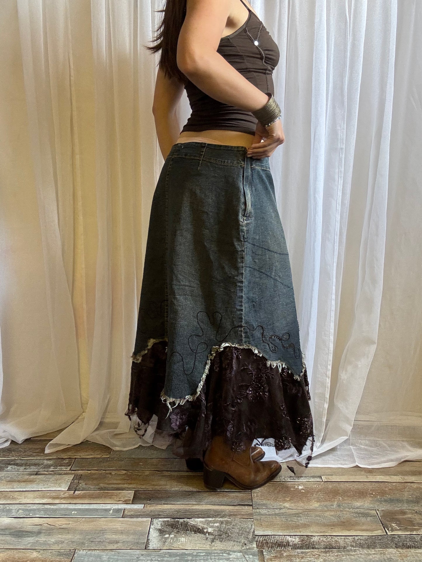 denim maxi skirt brown lace fairy hem size 14