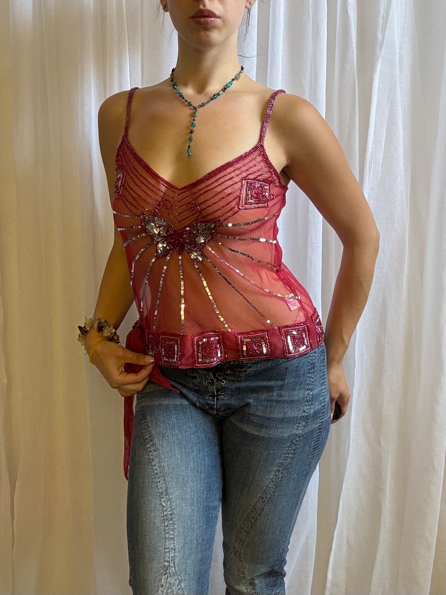 sheer butterfly sequin cami top pink size 10
