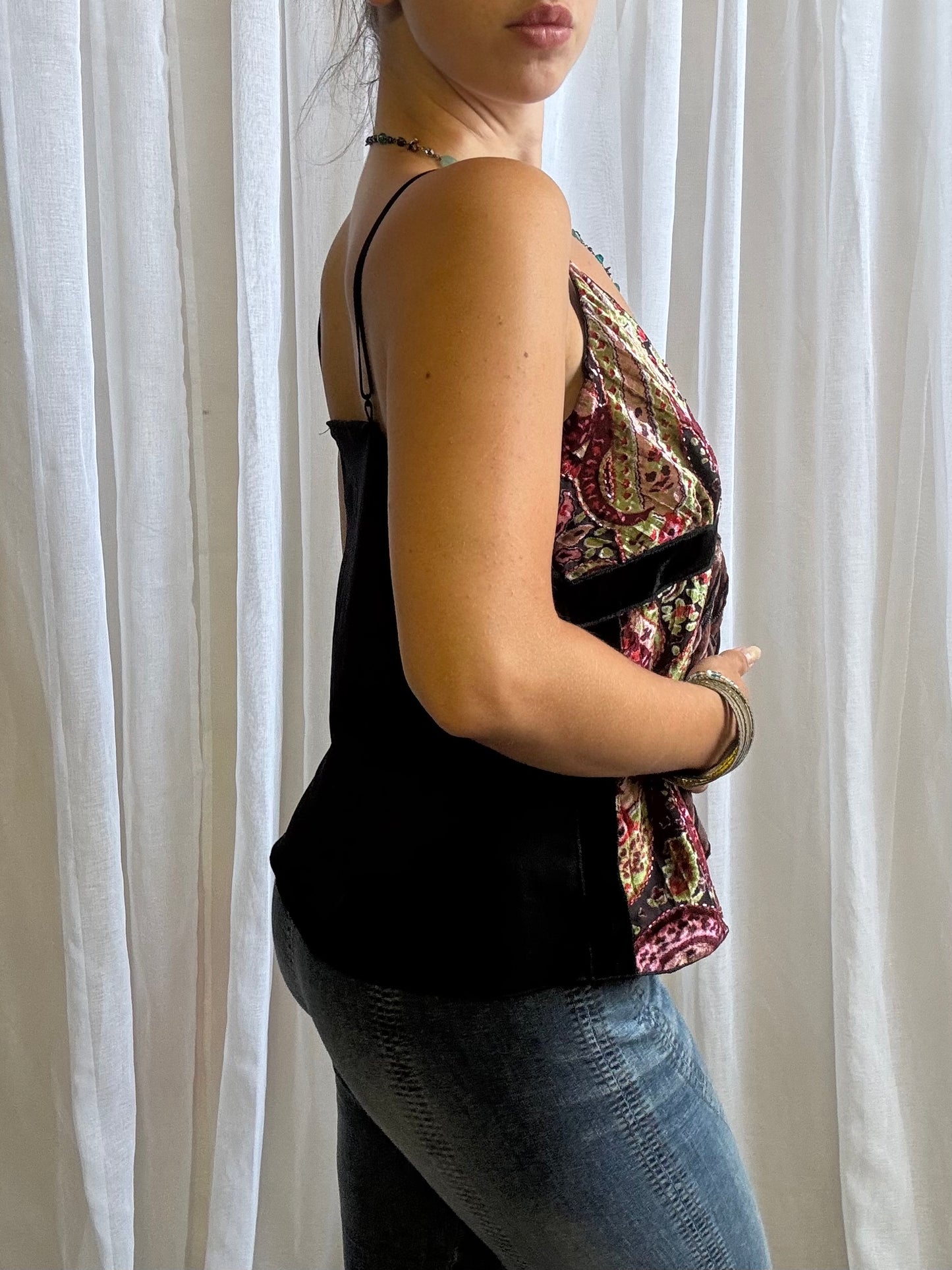 velvet cami top black pink paisley pattern size L