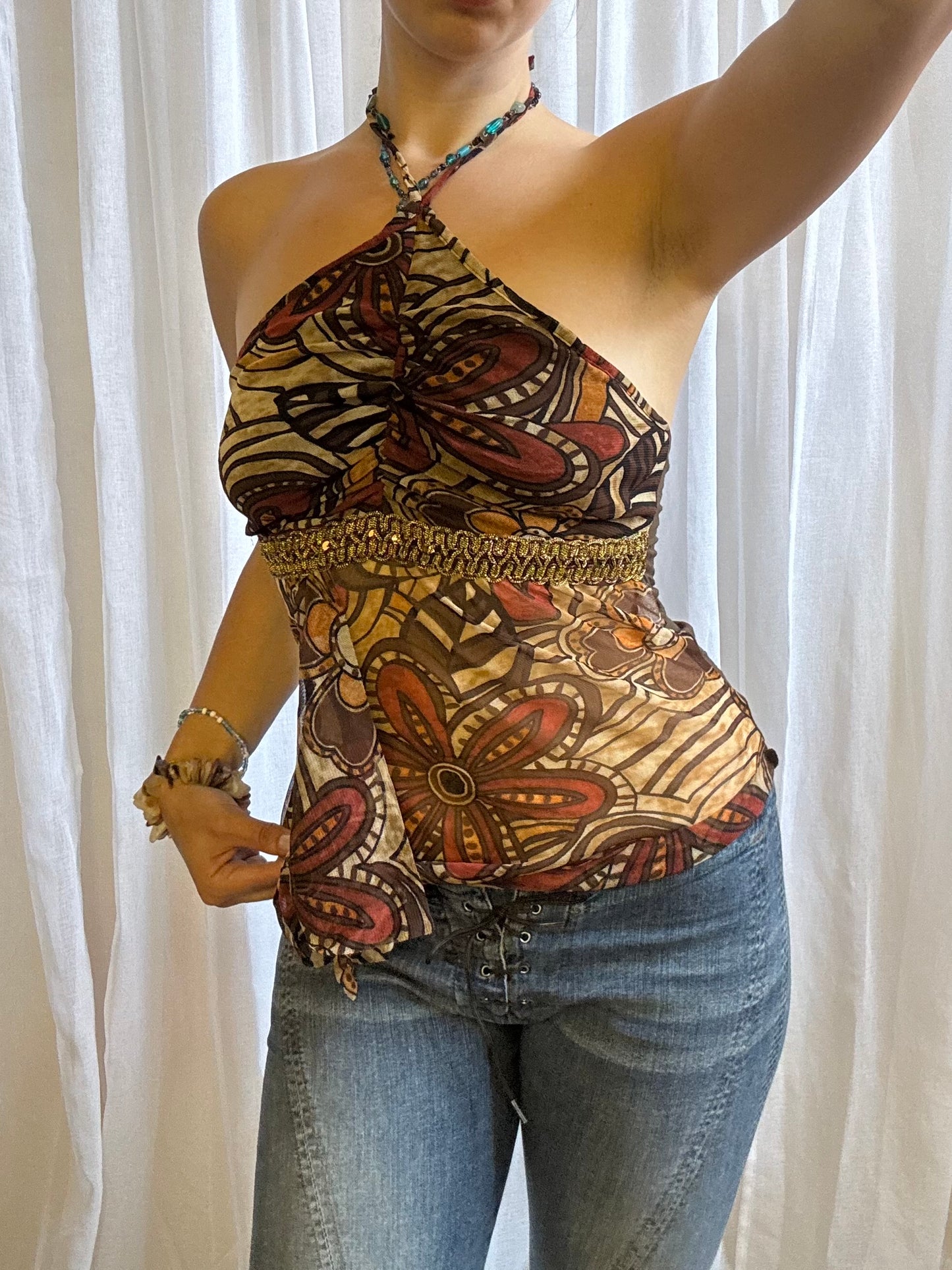 Italian halter top brown mesh floral size XS