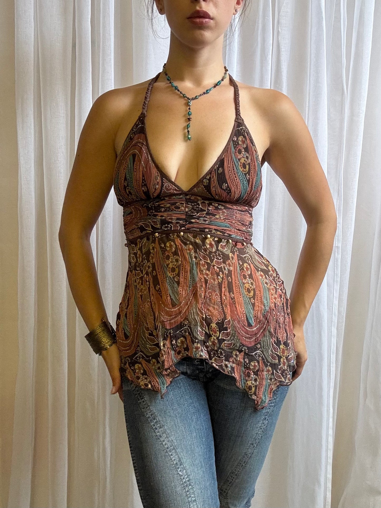silk cami top brown beaded size XS