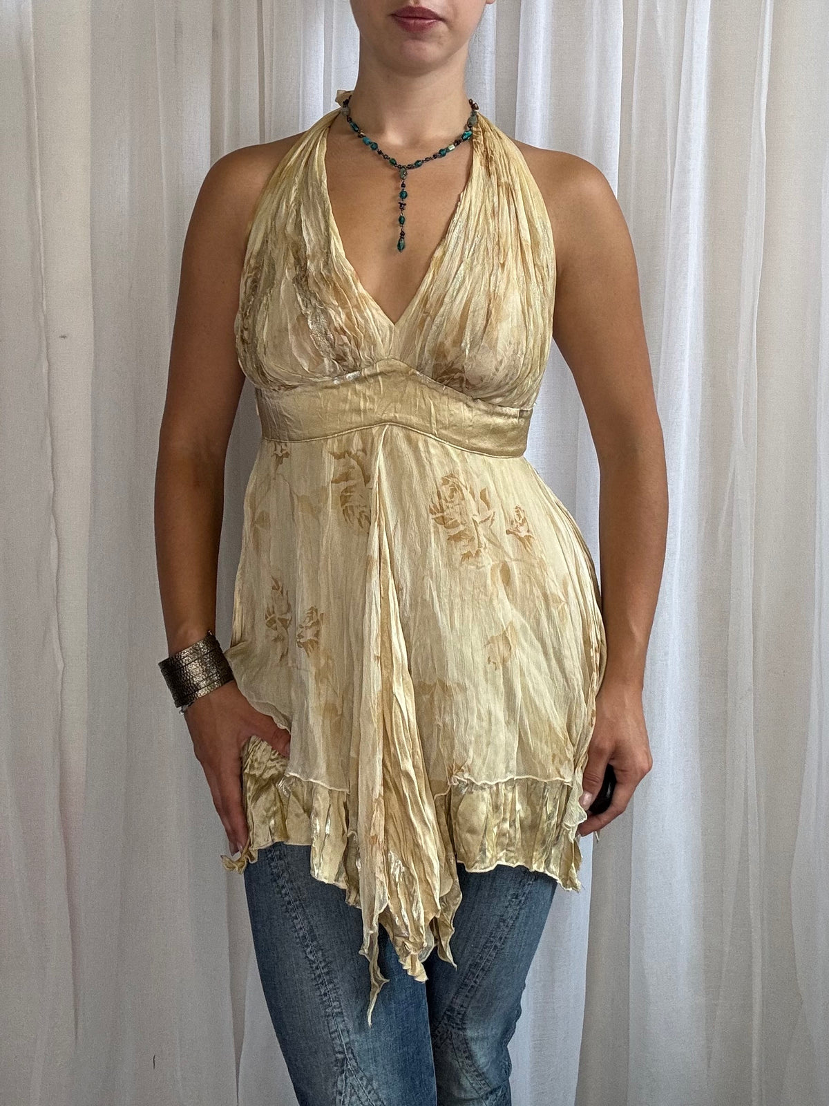 silk fairy cami asymmetric hem cream gold floral halter size 10