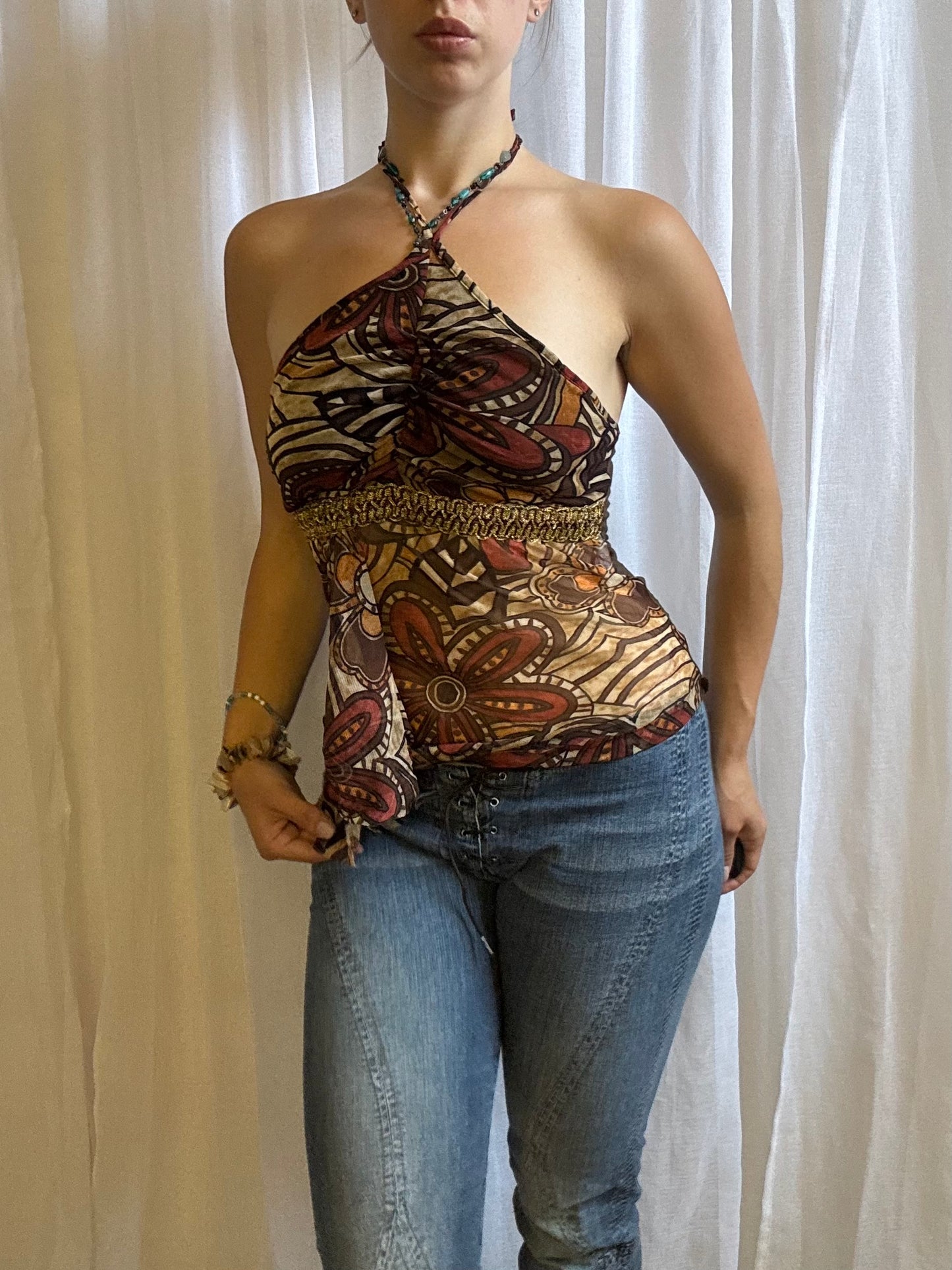 Italian halter top brown mesh floral size XS