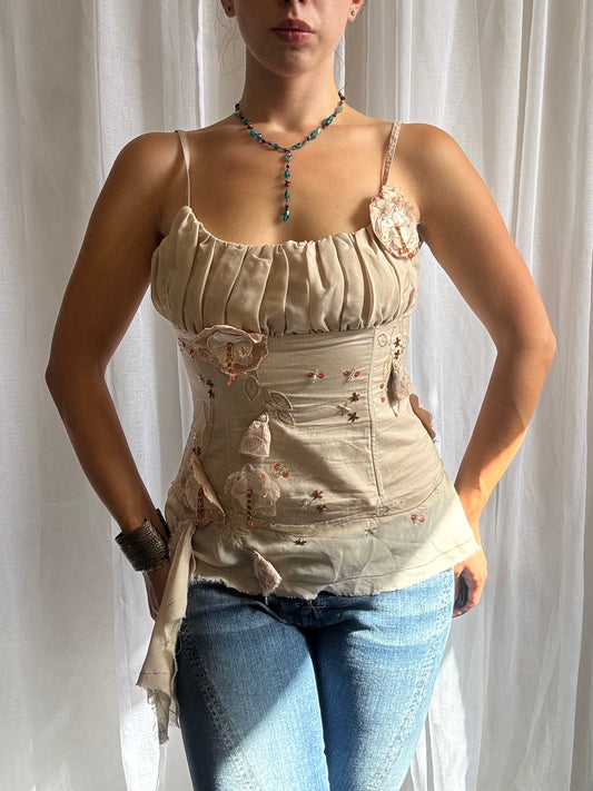 cream corset cami top floral appliqué ruched bust size 10 - 12