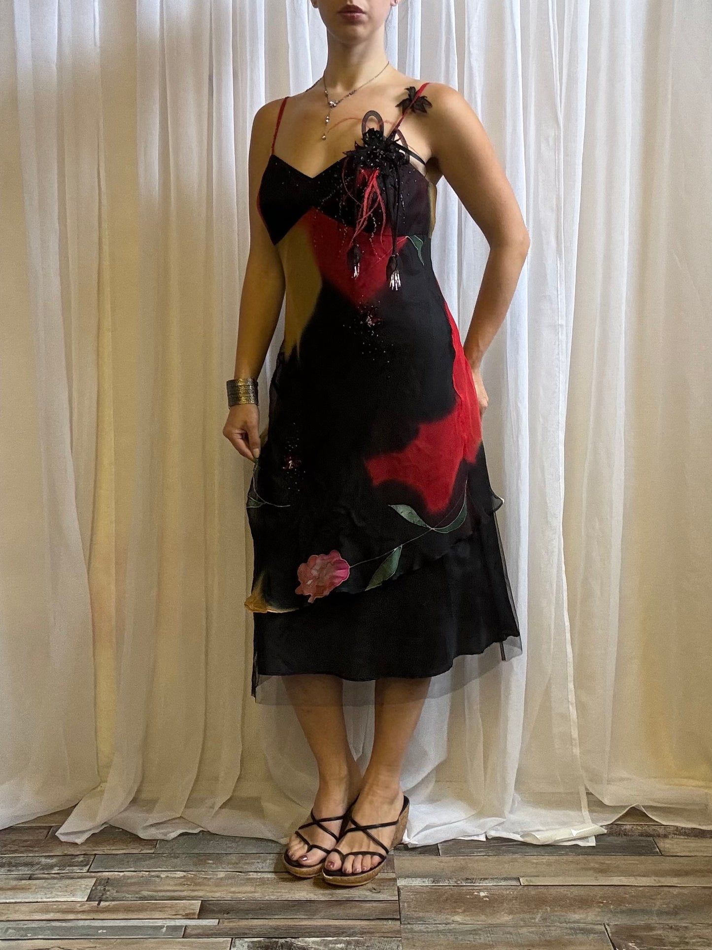 Emma Somerset silk midi dress red black beaded