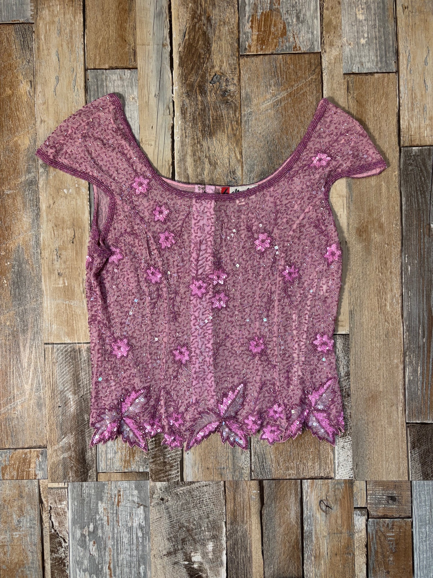 Aftershock silk top pink fully beaded short sleeve size M